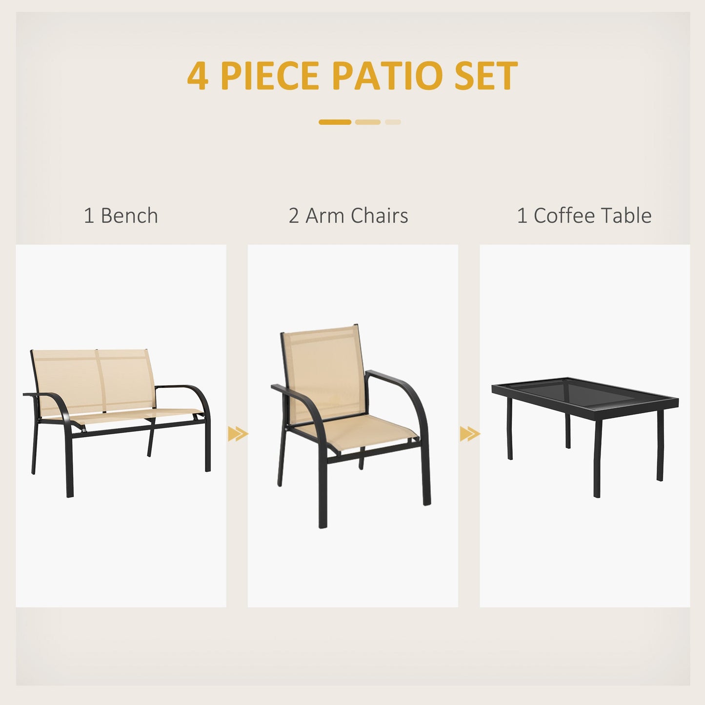 4 Pcs Curved Steel Outdoor Furniture Set w/ Loveseat, 2 Texteline Seats, Glass Top Table Garden Balcony Patio Furniture For Family Party Events Guests -Beige