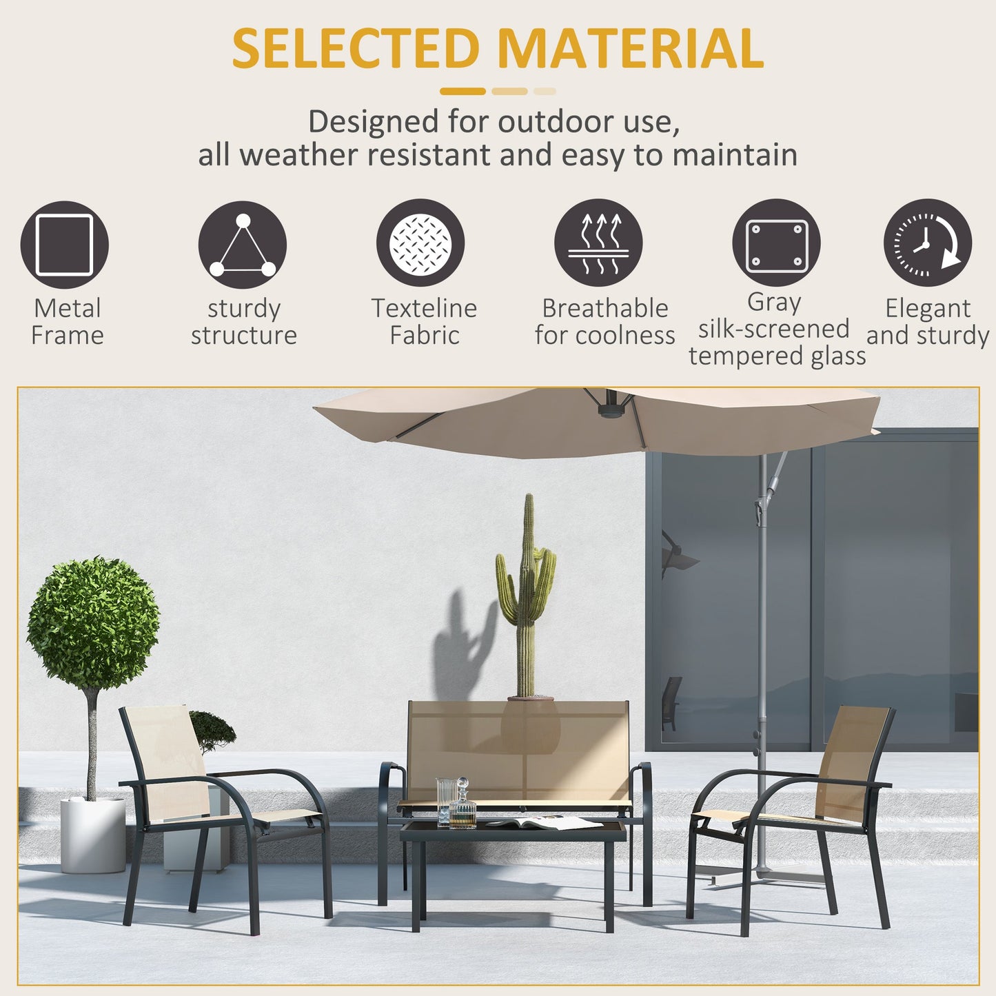4 Pcs Curved Steel Outdoor Furniture Set w/ Loveseat, 2 Texteline Seats, Glass Top Table Garden Balcony Patio Furniture For Family Party Events Guests -Beige