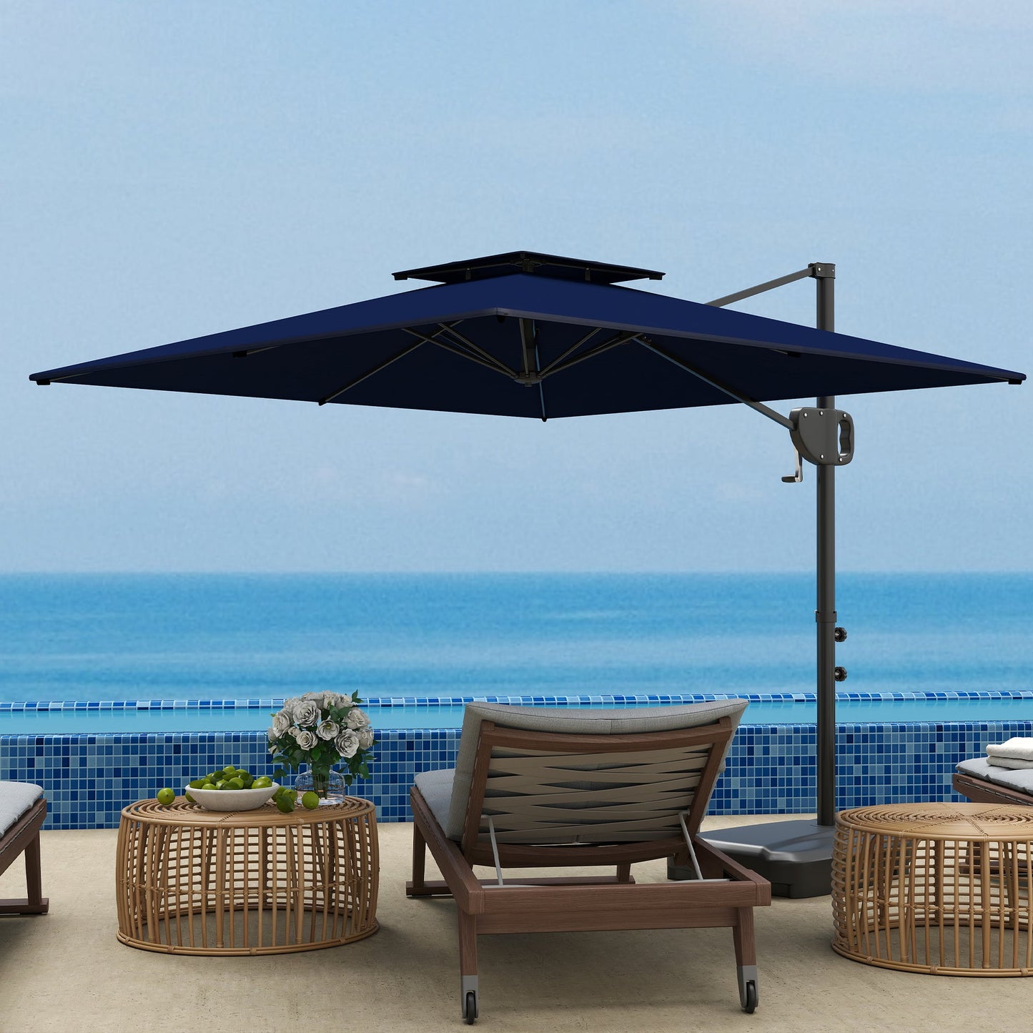 2.5m Garden Cantilever Parasol with Fillable Base, Up to 40kg, Double Top Garden Parasol, Square Overhanging Patio Umbrella with Crank Handle and Tilt for Outdoor Sun Shade, Blue