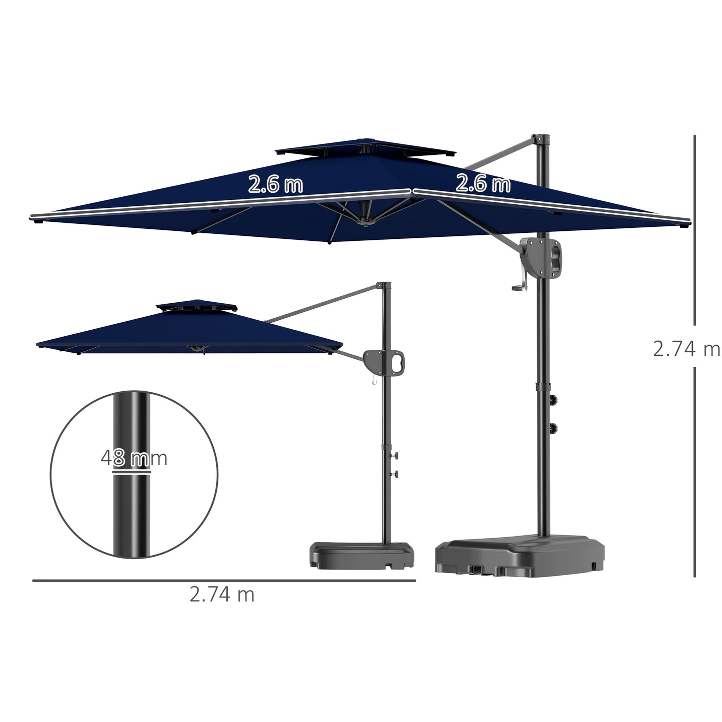 2.5m Garden Cantilever Parasol with Fillable Base, Up to 40kg, Double Top Garden Parasol, Square Overhanging Patio Umbrella with Crank Handle and Tilt for Outdoor Sun Shade, Blue