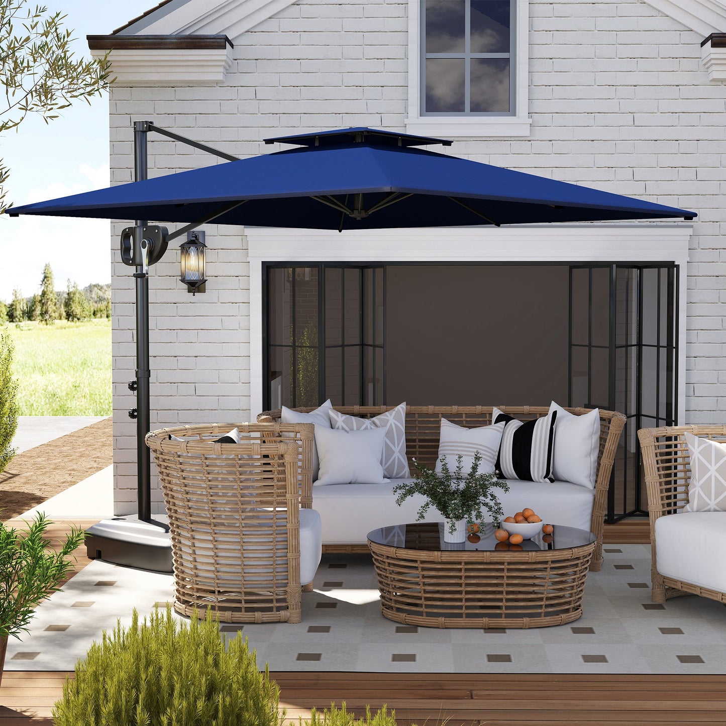 2.5m Garden Cantilever Parasol with Fillable Base, Up to 40kg, Double Top Garden Parasol, Square Overhanging Patio Umbrella with Crank Handle and Tilt for Outdoor Sun Shade, Blue