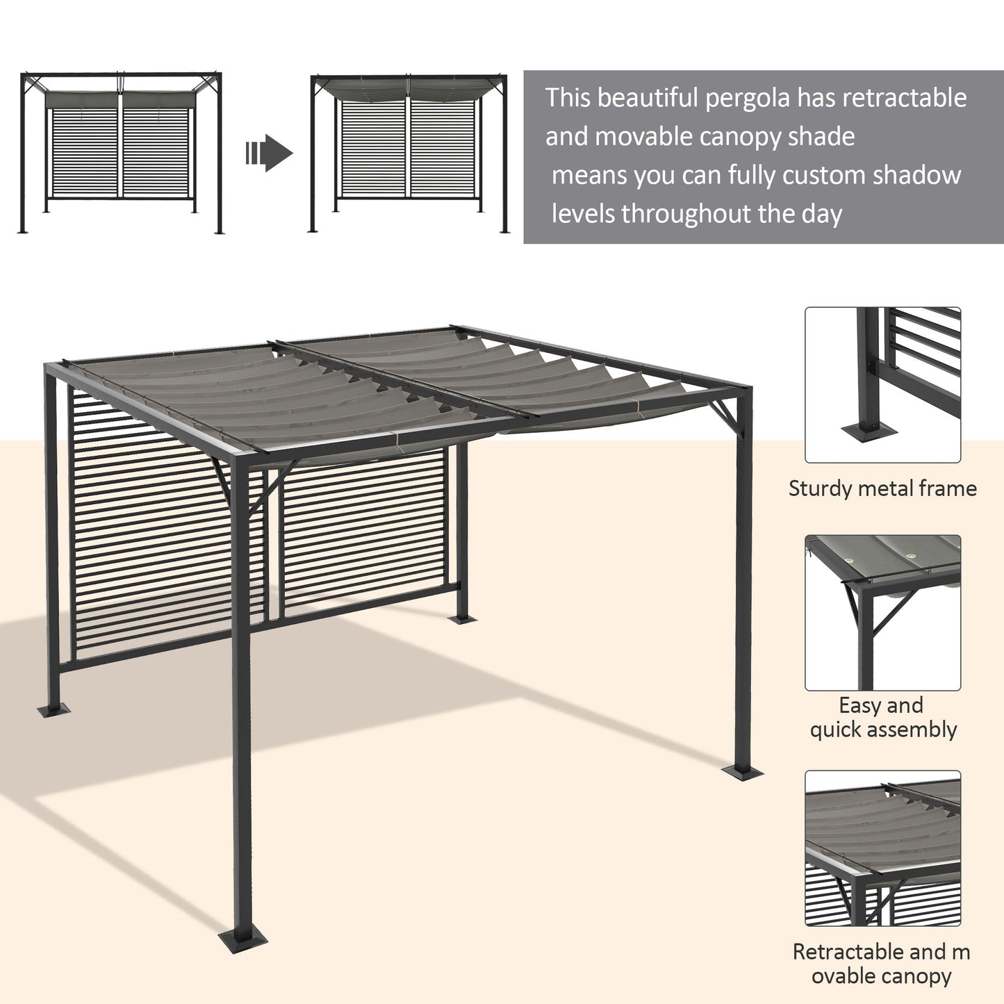 2.8 x 3(m) Metal Outdoor Pergola with Retractable Roof, Outdoor Gazebo Canopy Shelter with Grommet Holes for Garden, Patio, Lawn, Grey