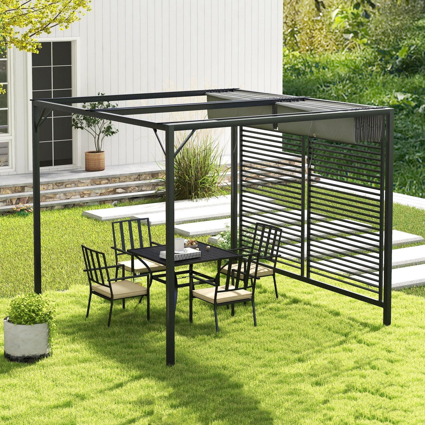 2.8 x 3(m) Metal Outdoor Pergola with Retractable Roof, Outdoor Gazebo Canopy Shelter with Grommet Holes for Garden, Patio, Lawn, Grey