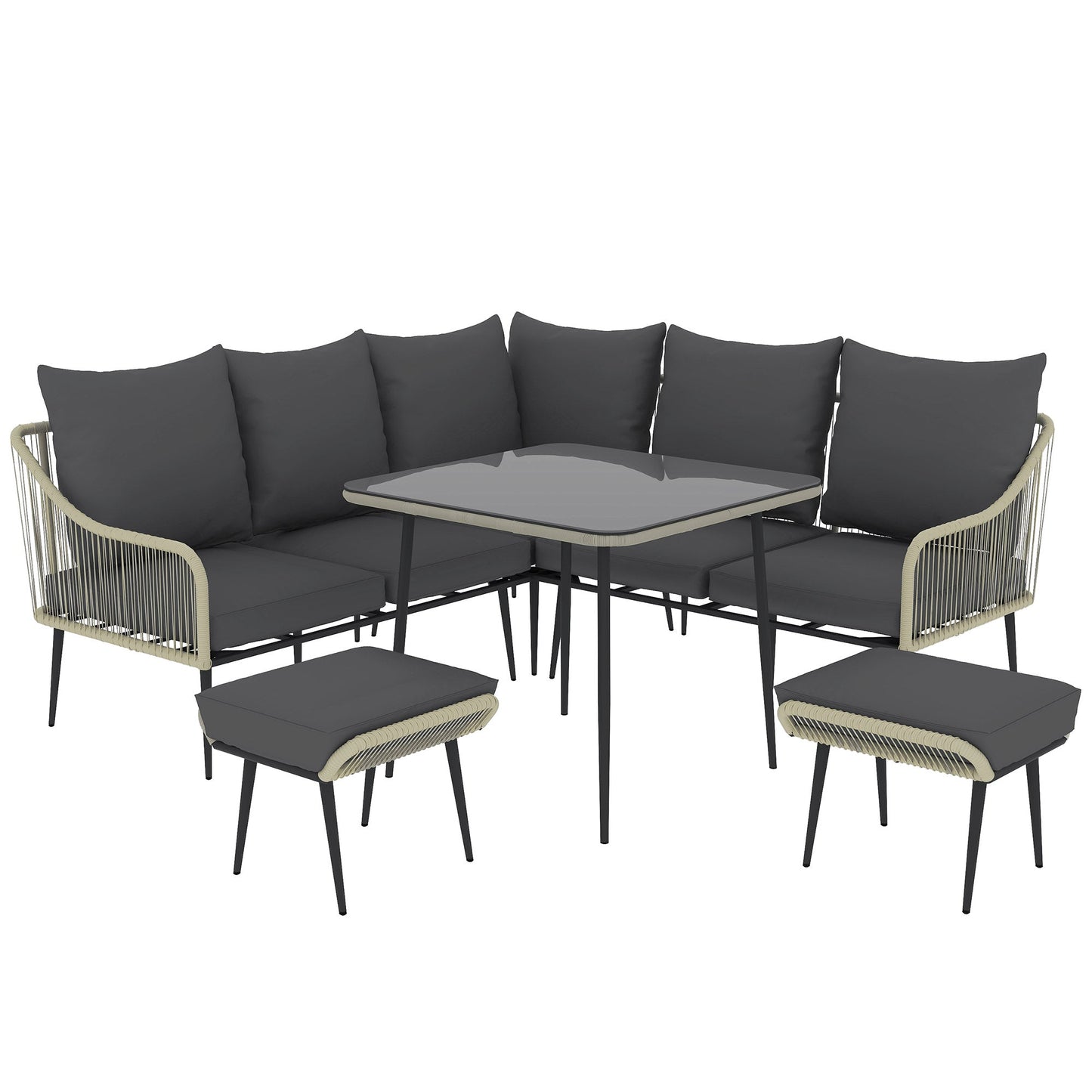 6 Piece Garden Furniture Set, Garden Corner Sofa Set with Thickened Cushions, Outdoor Patio Furniture Set with Glass Top Table, Footstools for Conservatory, Light Grey