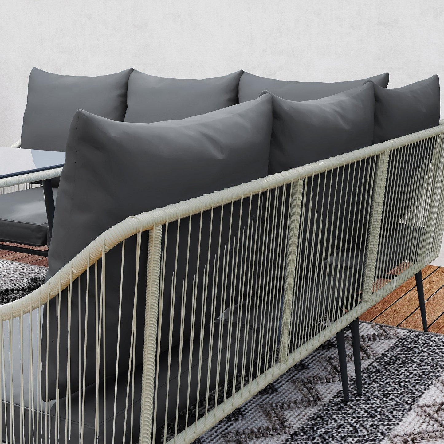 6 Piece Garden Furniture Set, Garden Corner Sofa Set with Thickened Cushions, Outdoor Patio Furniture Set with Glass Top Table, Footstools for Conservatory, Light Grey