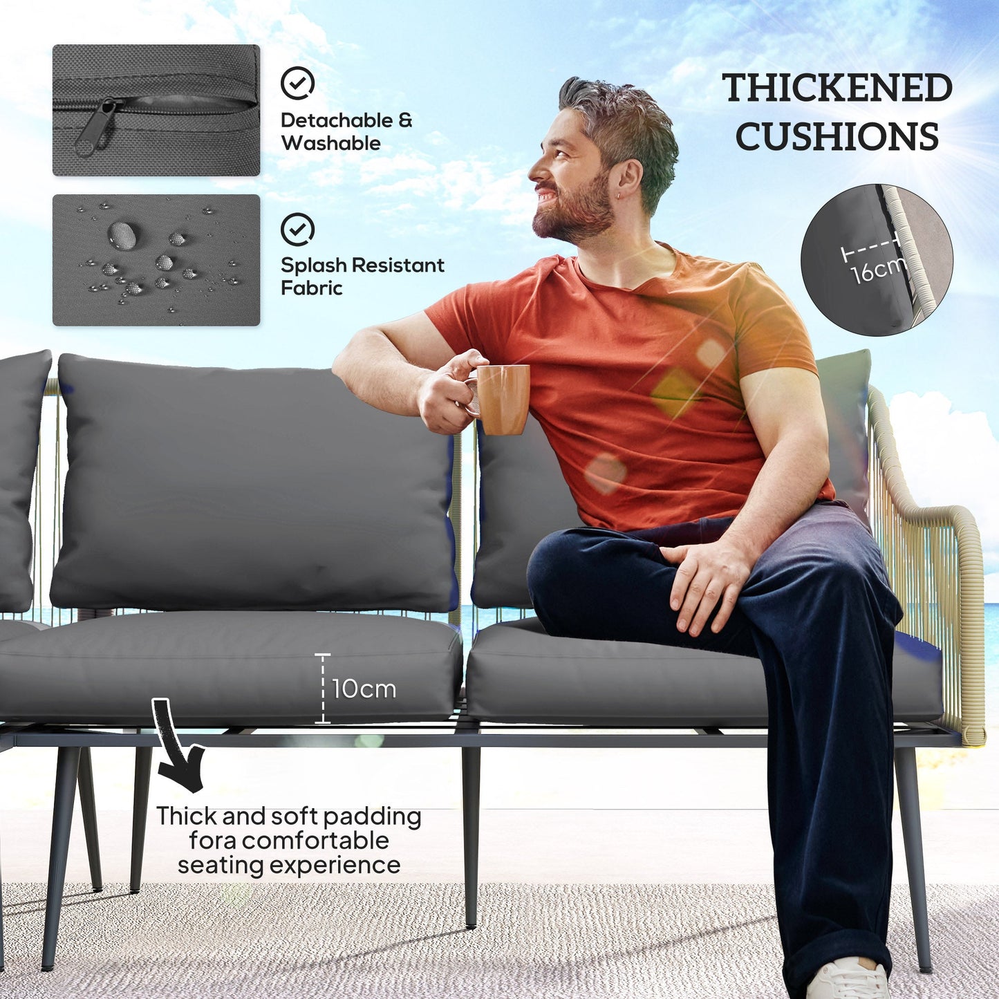 6 Piece Garden Furniture Set, Garden Corner Sofa Set with Thickened Cushions, Outdoor Patio Furniture Set with Glass Top Table, Footstools for Conservatory, Light Grey