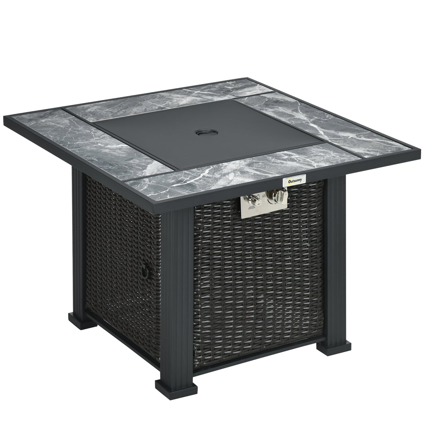 Outdoor PE Rattan Gas Fire Pit Table, Patio Square Propane Heater with Marble Desktop, Rain Cover, Glass Windscreen, and Glass Stones, 50,000 BTU, Black