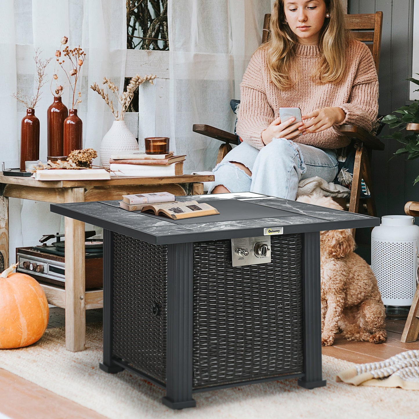 Outdoor PE Rattan Gas Fire Pit Table, Patio Square Propane Heater with Marble Desktop, Rain Cover, Glass Windscreen, and Glass Stones, 50,000 BTU, Black
