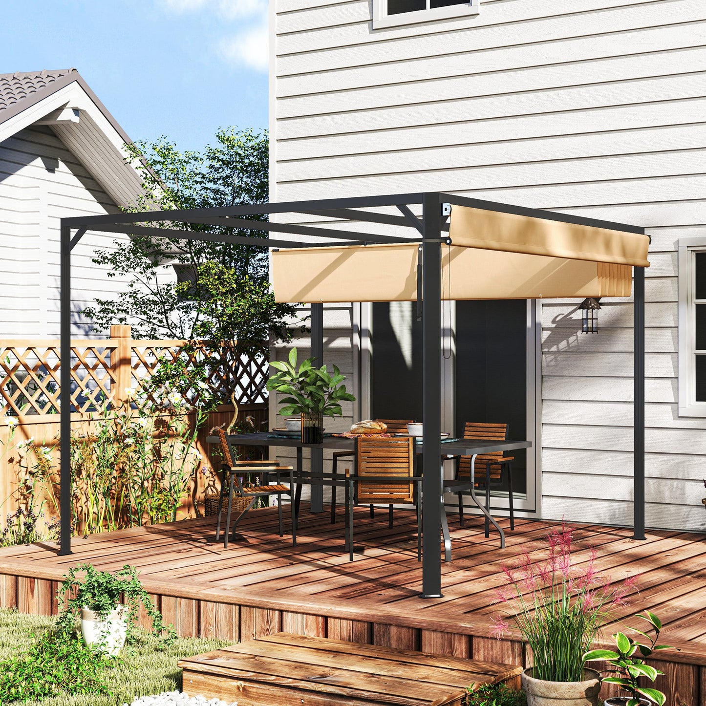 3 x 3(m) Garden Pergola with Retractable Roof Canopy and Roller Shade, Aluminium Pergola Kit Gazebo, UPF30+ Sun Shade Shelter for Deck, Porch, Khaki