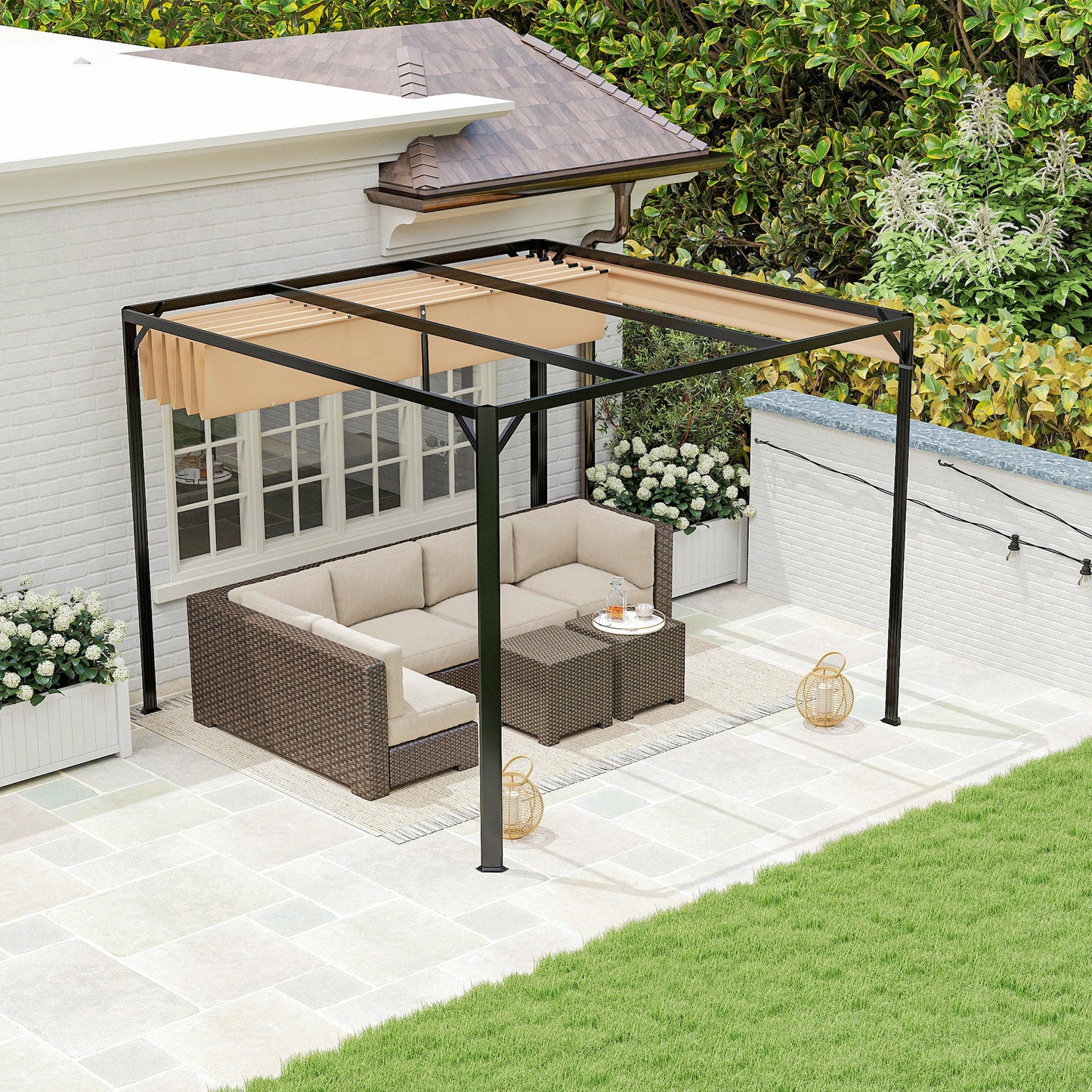 3 x 3(m) Garden Pergola with Retractable Roof Canopy, Aluminium Pergola Kit Gazebo with Roller Shade, UPF30+ Sun Shade Shelter for Porch, Khaki
