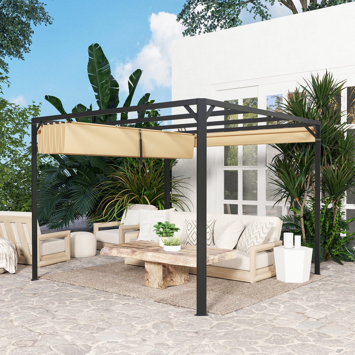 3 x 3(m) Garden Pergola with Retractable Roof Canopy and Roller Shade, Aluminium Pergola Kit Gazebo, UPF30+ Sun Shade Shelter for Deck, Porch, Khaki