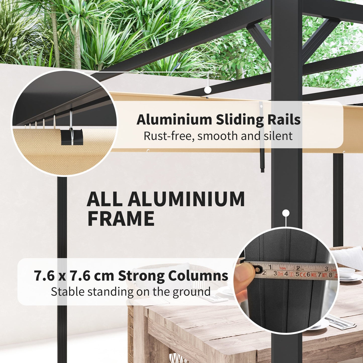 3 x 3(m) Garden Pergola with Retractable Roof Canopy and Roller Shade, Aluminium Pergola Kit Gazebo, UPF30+ Sun Shade Shelter for Deck, Porch, Khaki
