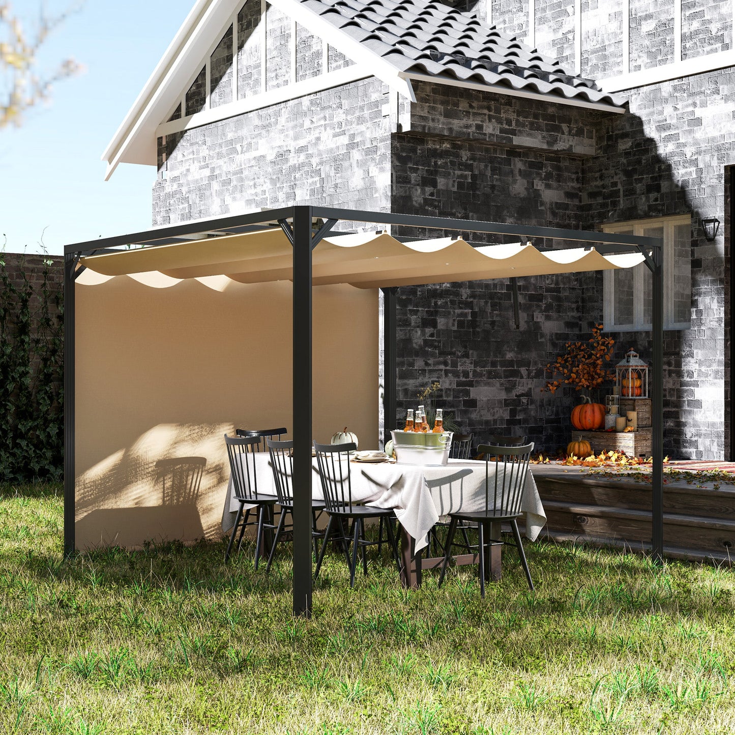 3 x 3(m) Garden Pergola with Retractable Roof Canopy and Roller Shade, Aluminium Pergola Kit Gazebo, UPF30+ Sun Shade Shelter for Deck, Porch, Khaki