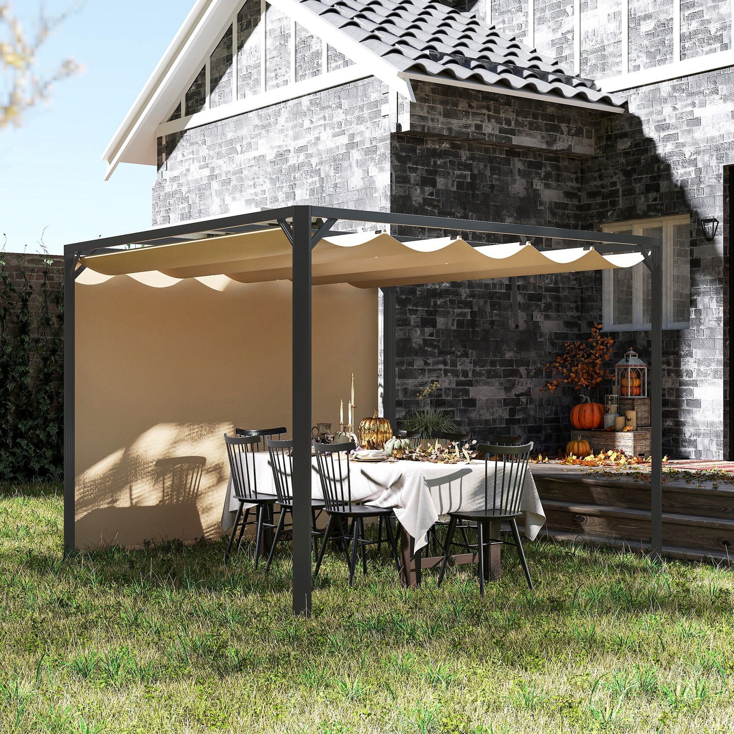 3 x 3(m) Garden Pergola with Retractable Roof Canopy, Aluminium Pergola Kit Gazebo with Roller Shade, UPF30+ Sun Shade Shelter for Porch, Khaki