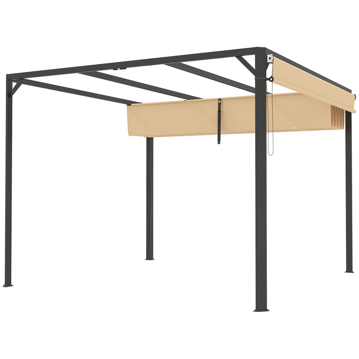 3 x 3(m) Garden Pergola with Retractable Roof Canopy and Roller Shade, Aluminium Pergola Kit Gazebo, UPF30+ Sun Shade Shelter for Deck, Porch, Khaki