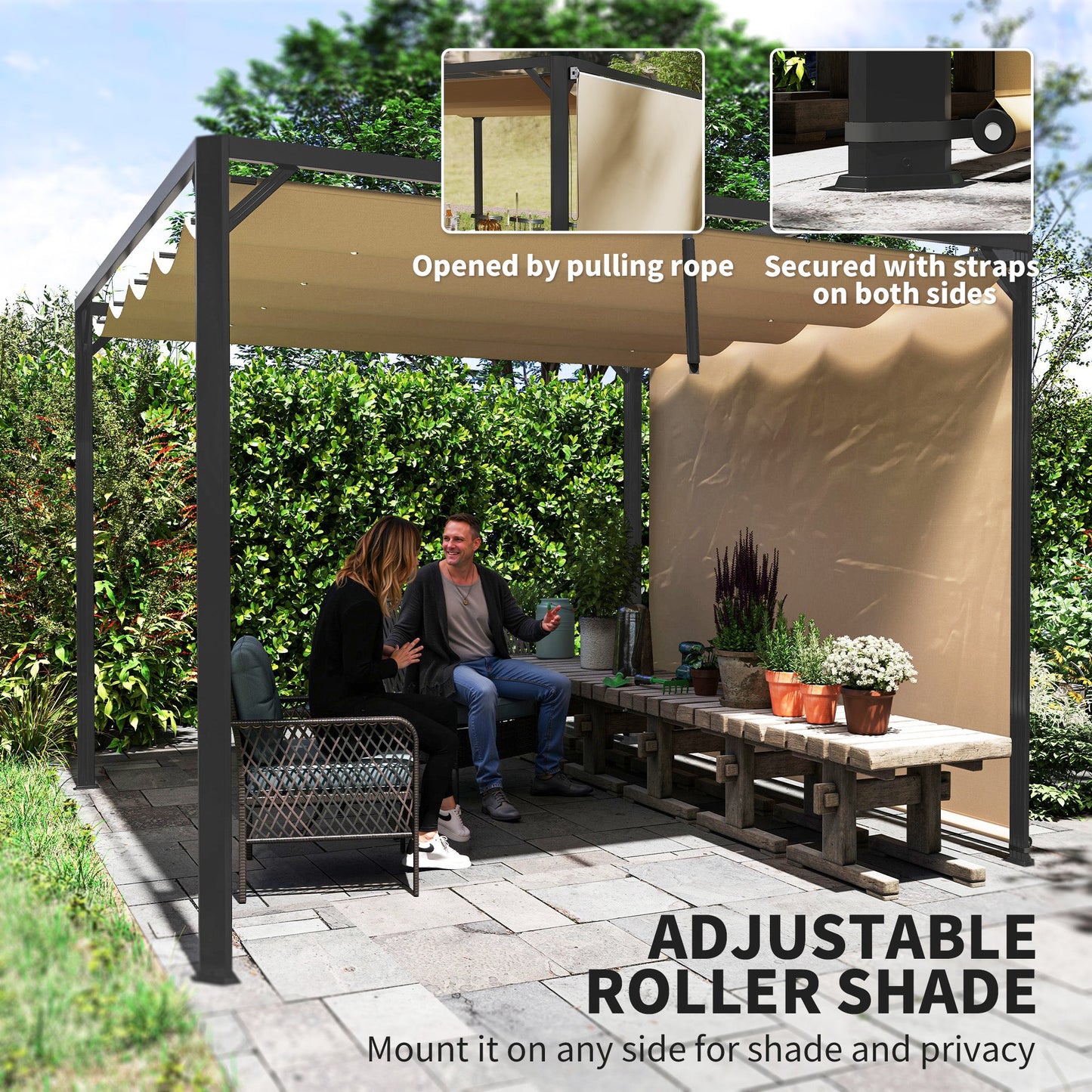 3 x 3(m) Garden Pergola with Retractable Roof Canopy, Aluminium Pergola Kit Gazebo with Roller Shade, UPF30+ Sun Shade Shelter for Porch, Khaki