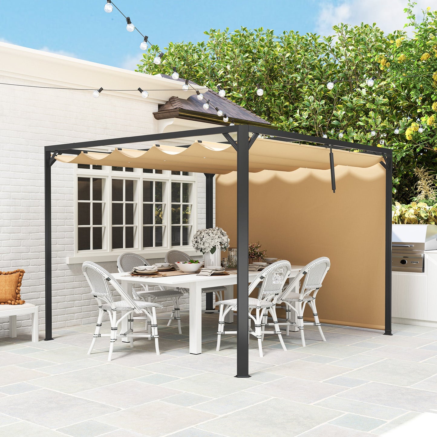 3 x 3(m) Garden Pergola with Retractable Roof Canopy and Roller Shade, Aluminium Pergola Kit Gazebo, UPF30+ Sun Shade Shelter for Deck, Porch, Khaki