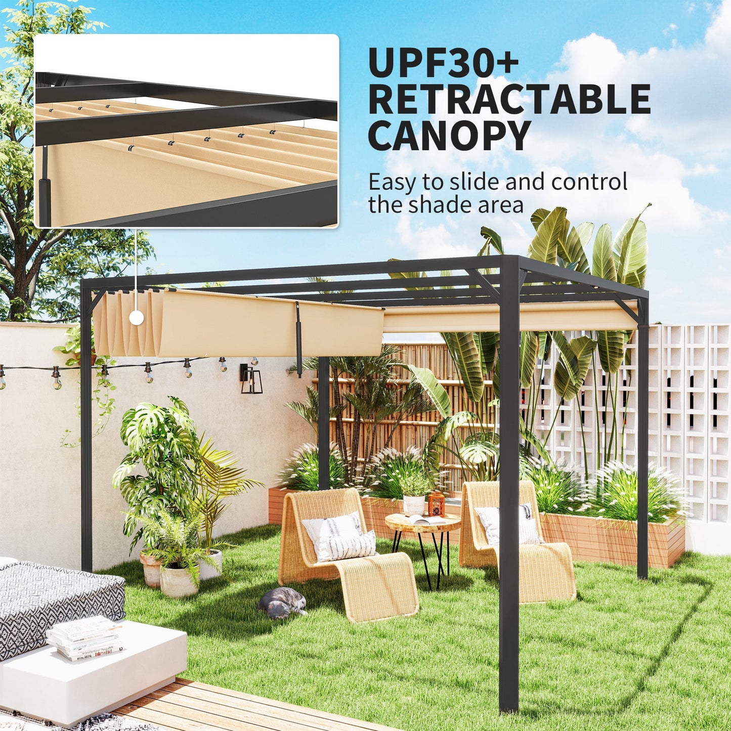 3 x 3(m) Garden Pergola with Retractable Roof Canopy, Aluminium Pergola Kit Gazebo with Roller Shade, UPF30+ Sun Shade Shelter for Porch, Khaki