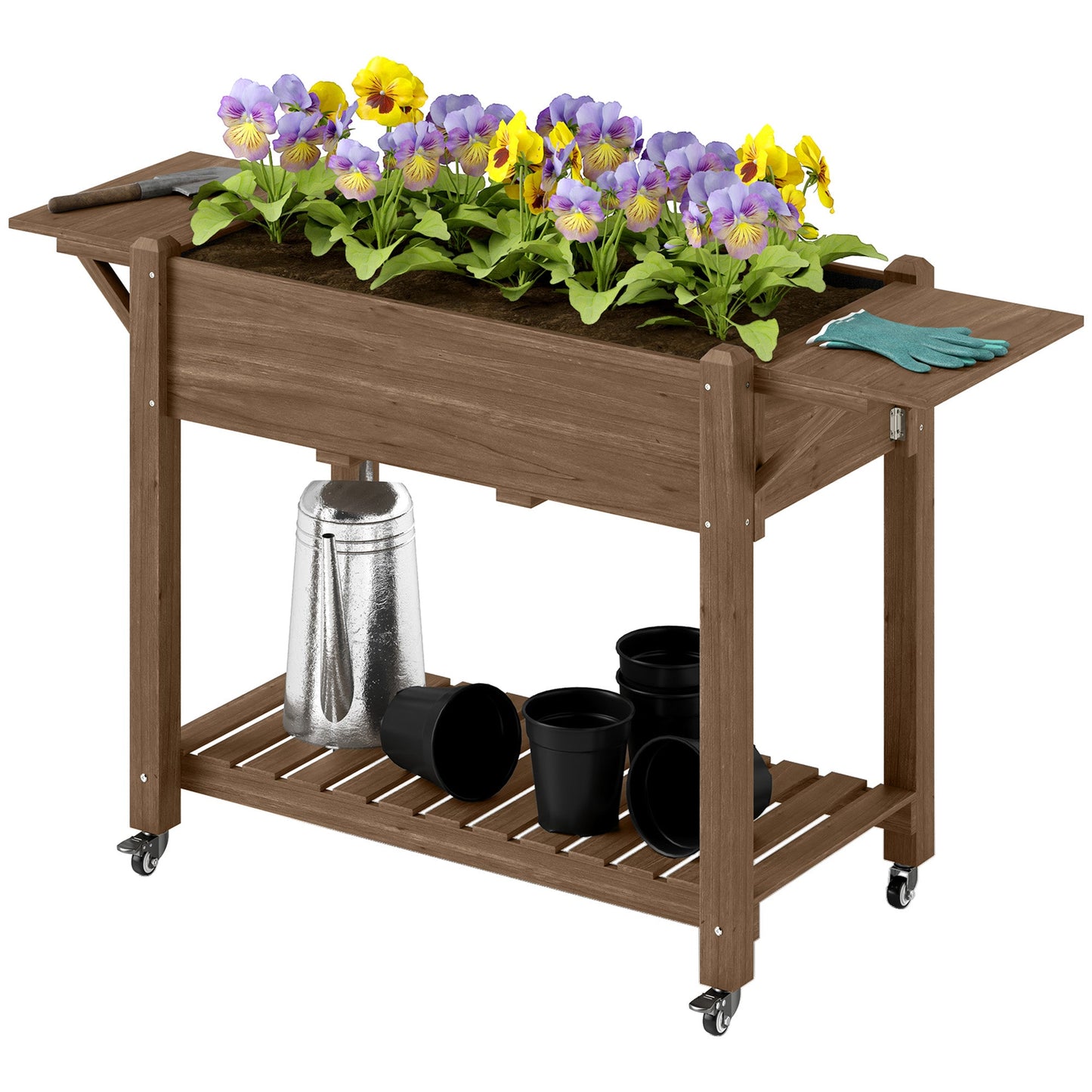 Raised Garden Bed, Wooden Elevated Planter Box with Lockable Wheels, Side Tables and Bottom Shelf, Outdoor Planter with Liner and Drainage Holes for Vegetables, Flowers, Fruits, Carbonised