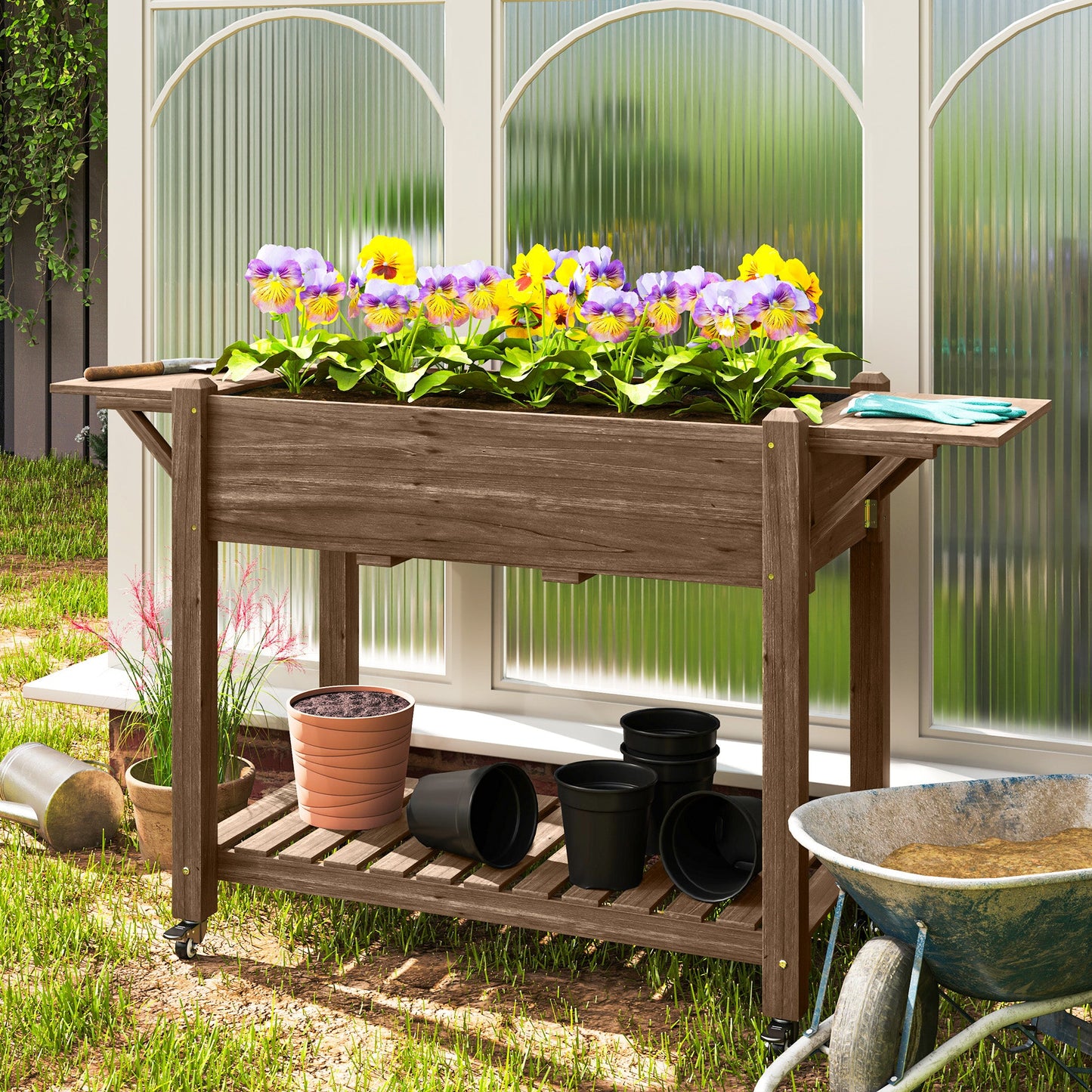 Raised Garden Bed, Wooden Elevated Planter Box with Lockable Wheels, Side Tables and Bottom Shelf, Outdoor Planter with Liner and Drainage Holes for Vegetables, Flowers, Fruits, Carbonised