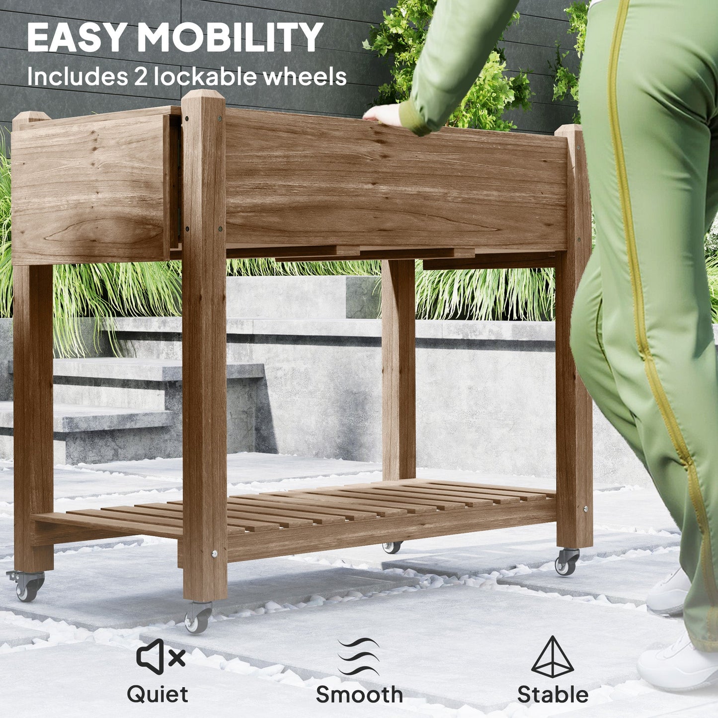 Raised Garden Bed, Wooden Elevated Planter Box with Lockable Wheels, Side Tables and Bottom Shelf, Outdoor Planter with Liner and Drainage Holes for Vegetables, Flowers, Fruits, Carbonised
