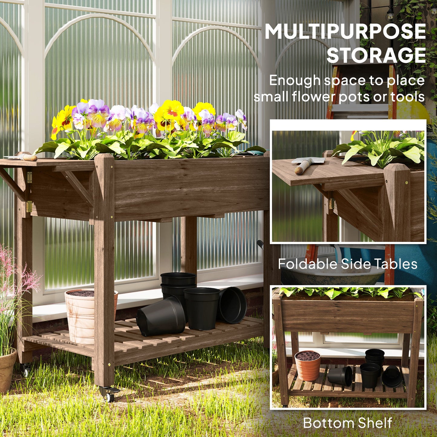 Raised Garden Bed, Wooden Elevated Planter Box with Lockable Wheels, Side Tables and Bottom Shelf, Outdoor Planter with Liner and Drainage Holes for Vegetables, Flowers, Fruits, Carbonised