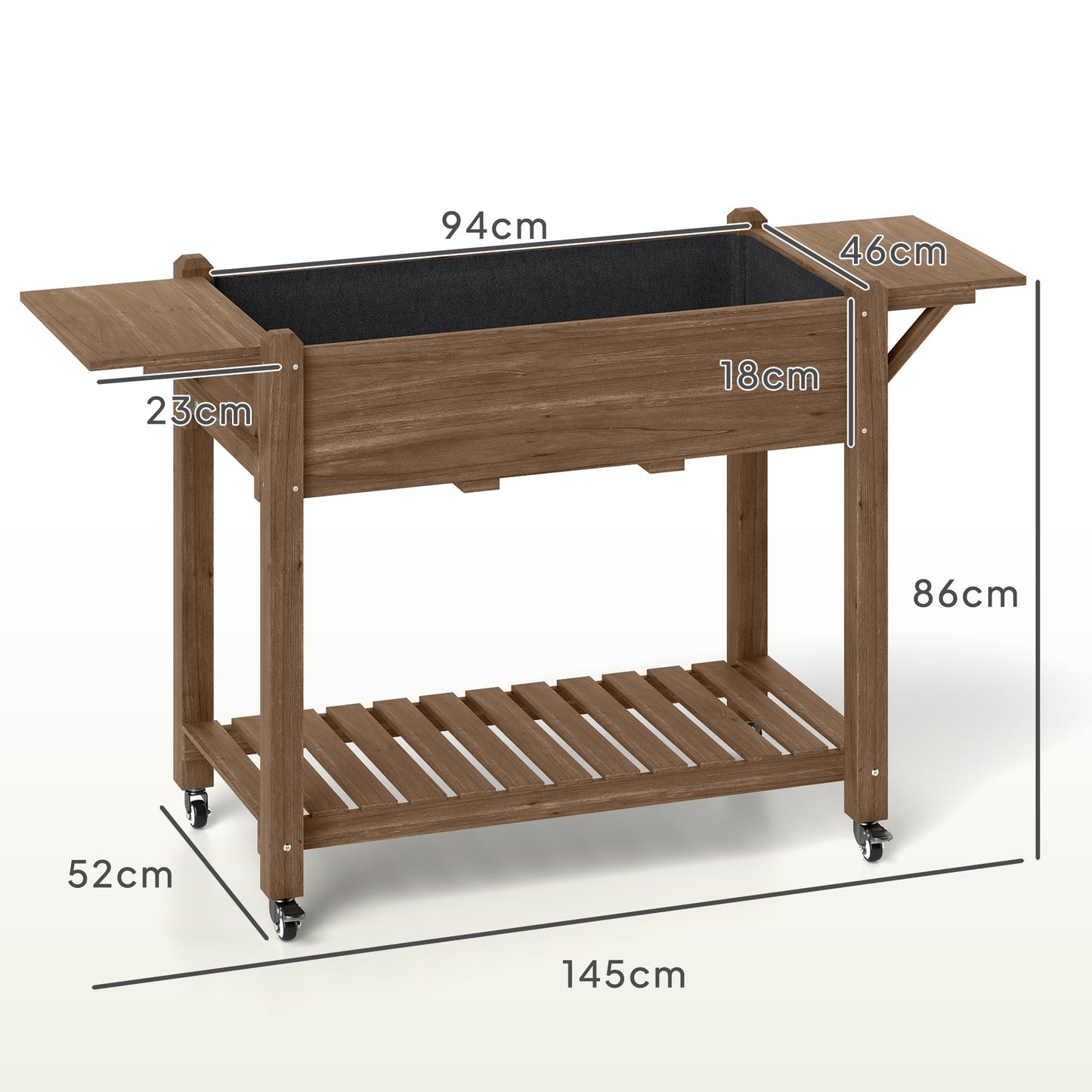 Raised Garden Bed, Wooden Elevated Planter Box with Lockable Wheels, Side Tables and Bottom Shelf, Outdoor Planter with Liner and Drainage Holes for Vegetables, Flowers, Fruits, Carbonised