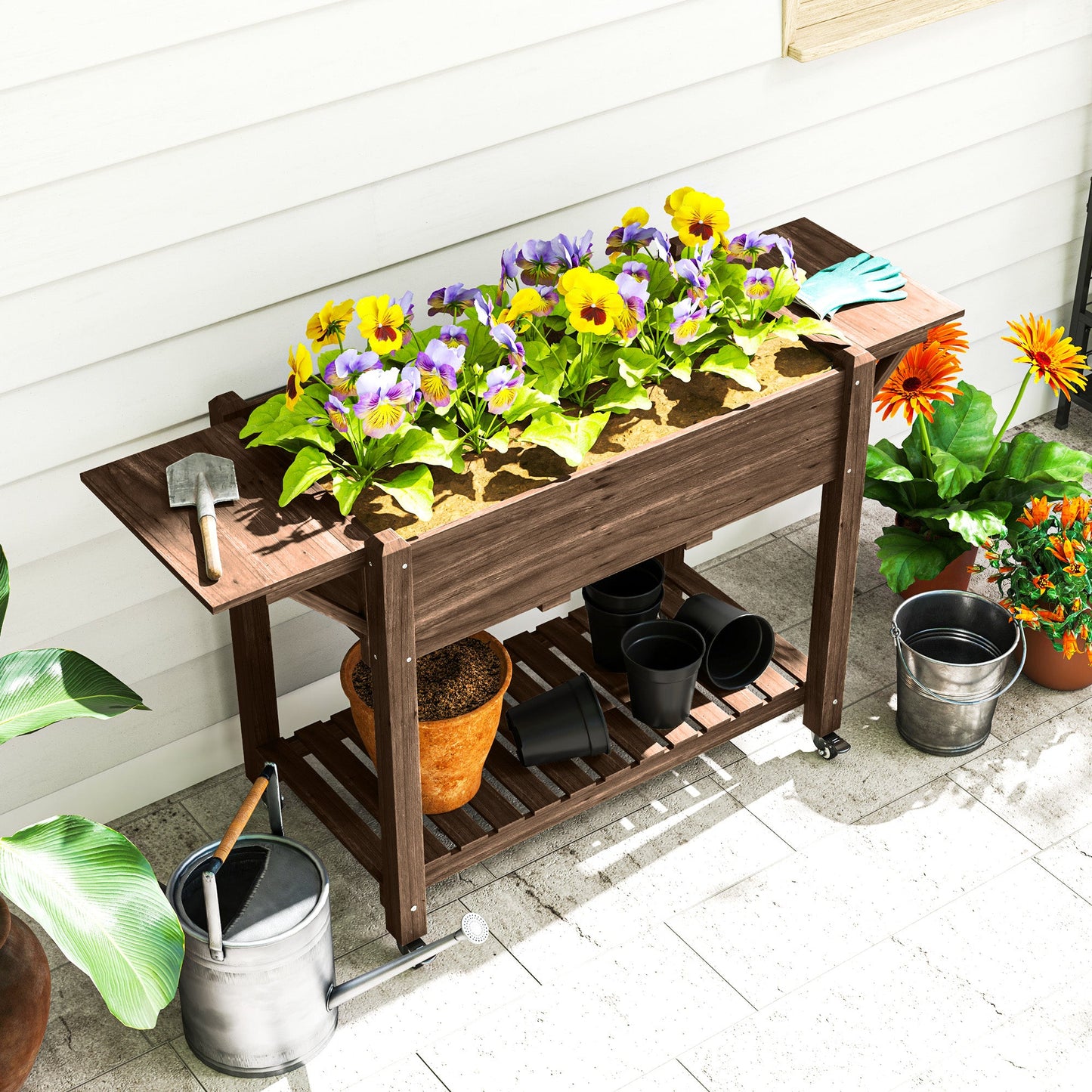 Raised Garden Bed, Wooden Elevated Planter Box with Lockable Wheels, Side Tables and Bottom Shelf, Outdoor Planter with Liner and Drainage Holes for Vegetables, Flowers, Fruits, Carbonised
