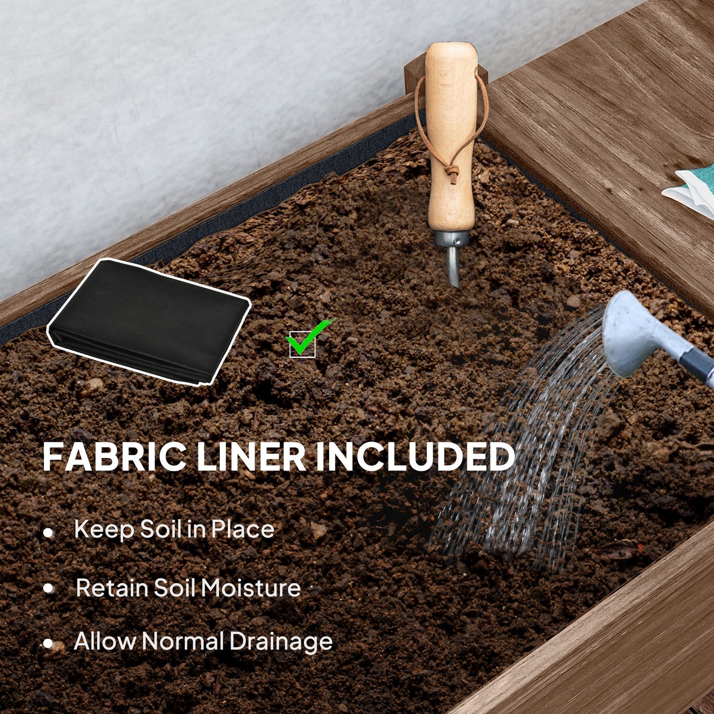 Raised Garden Bed, Wooden Elevated Planter Box with Lockable Wheels, Side Tables and Bottom Shelf, Outdoor Planter with Liner and Drainage Holes for Vegetables, Flowers, Fruits, Carbonised