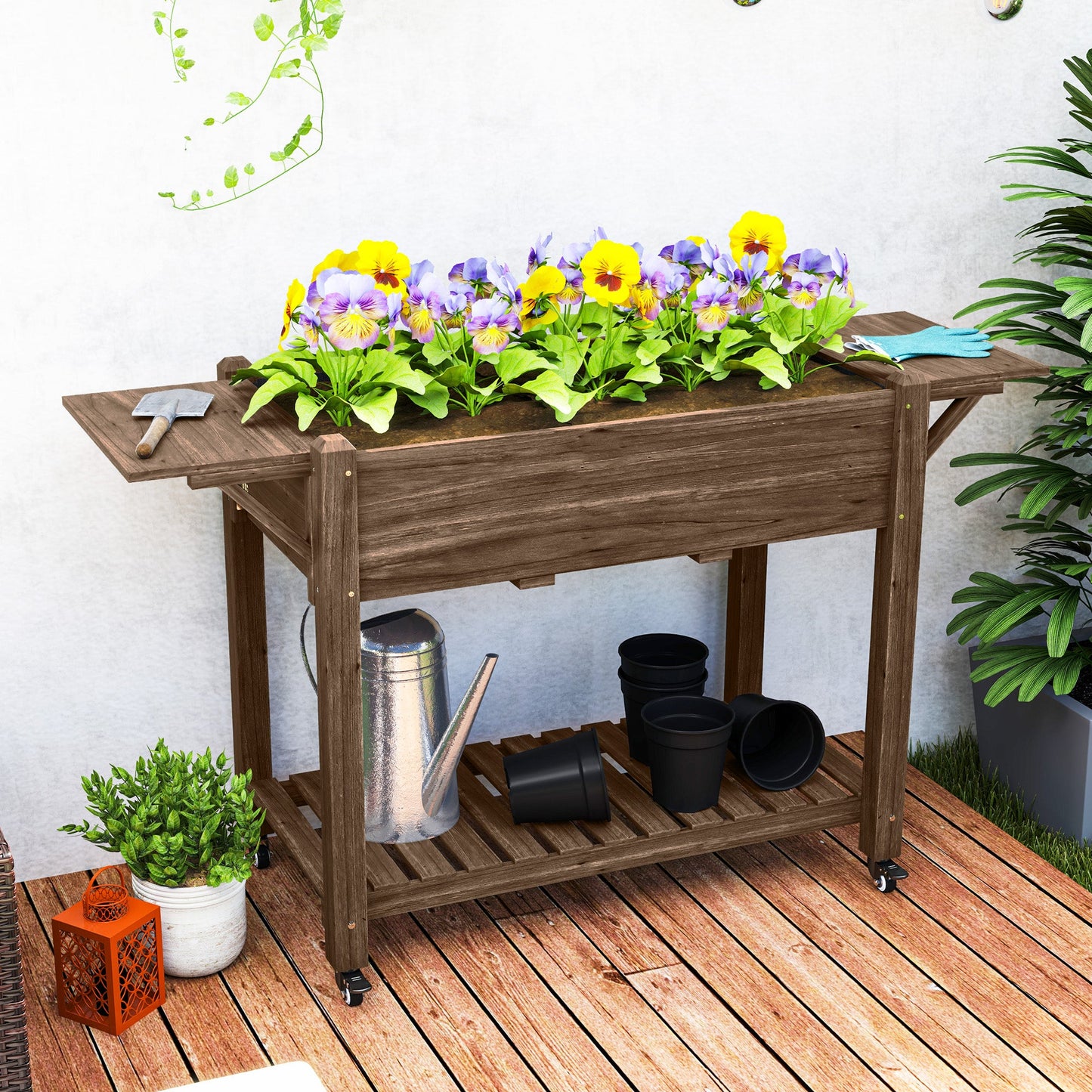 Raised Garden Bed, Wooden Elevated Planter Box with Lockable Wheels, Side Tables and Bottom Shelf, Outdoor Planter with Liner and Drainage Holes for Vegetables, Flowers, Fruits, Carbonised