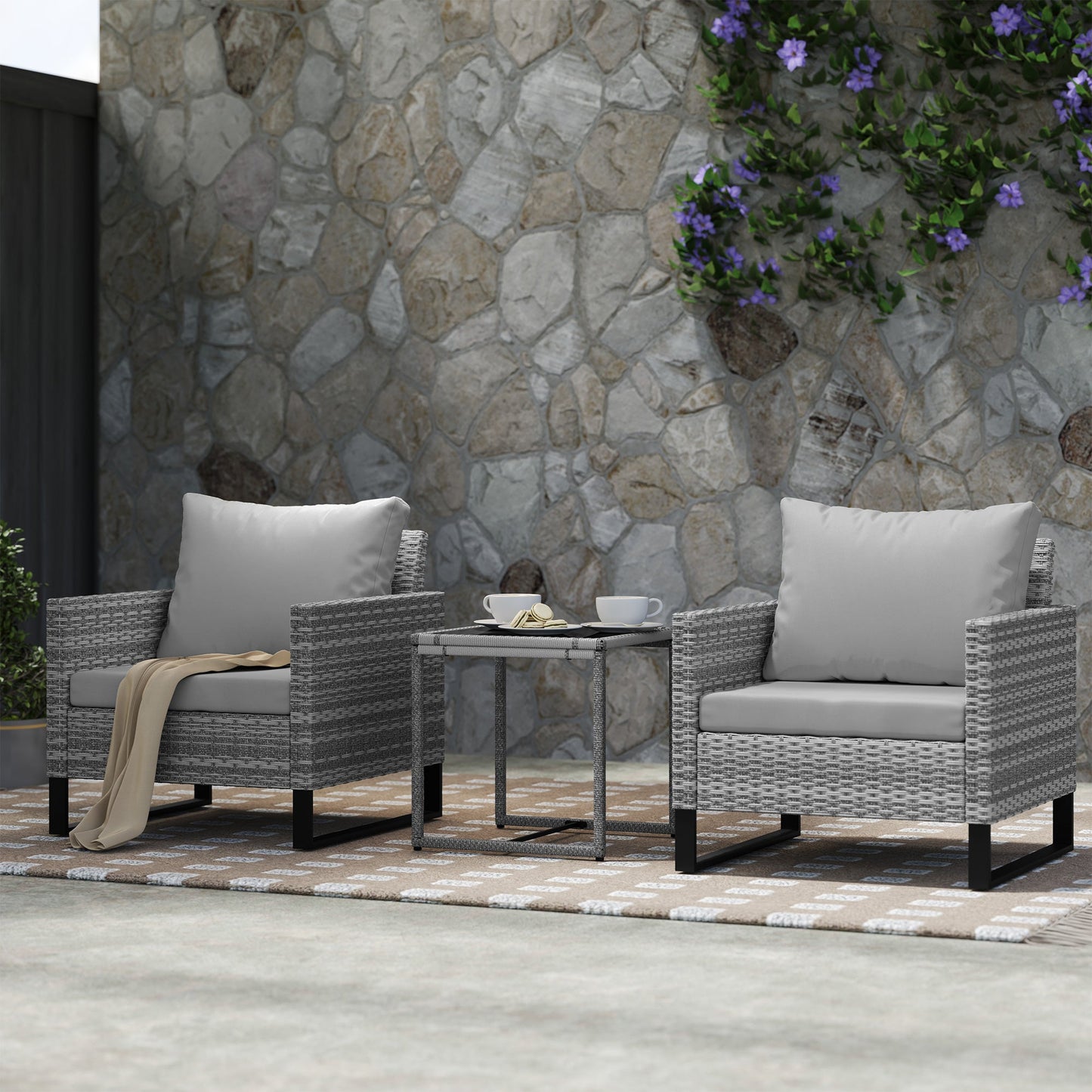 3 Pieces Rattan Bistro Set with 4 Cushions, Wicker Garden Furniture Set, Glass Top Coffee Table and Chairs for Outdoor Patio, Balcony, Terrace and Conservatory, Grey