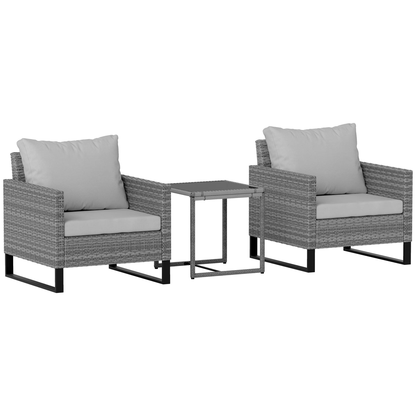 3 Pieces Rattan Bistro Set with 4 Cushions, Wicker Garden Furniture Set, Glass Top Coffee Table and Chairs for Outdoor Patio, Balcony, Terrace and Conservatory, Grey