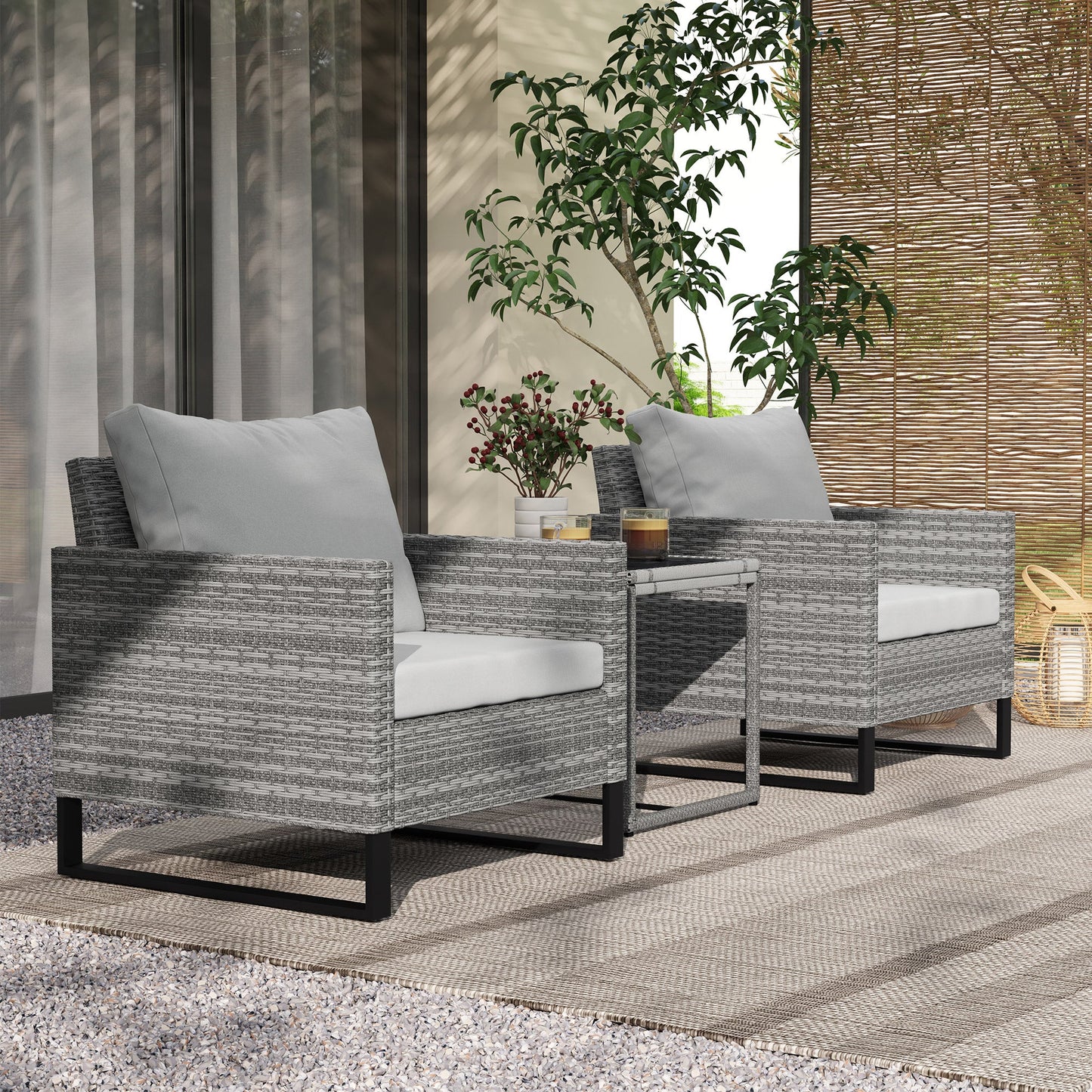 3 Pieces Rattan Bistro Set with 4 Cushions, Wicker Garden Furniture Set, Glass Top Coffee Table and Chairs for Outdoor Patio, Balcony, Terrace and Conservatory, Grey
