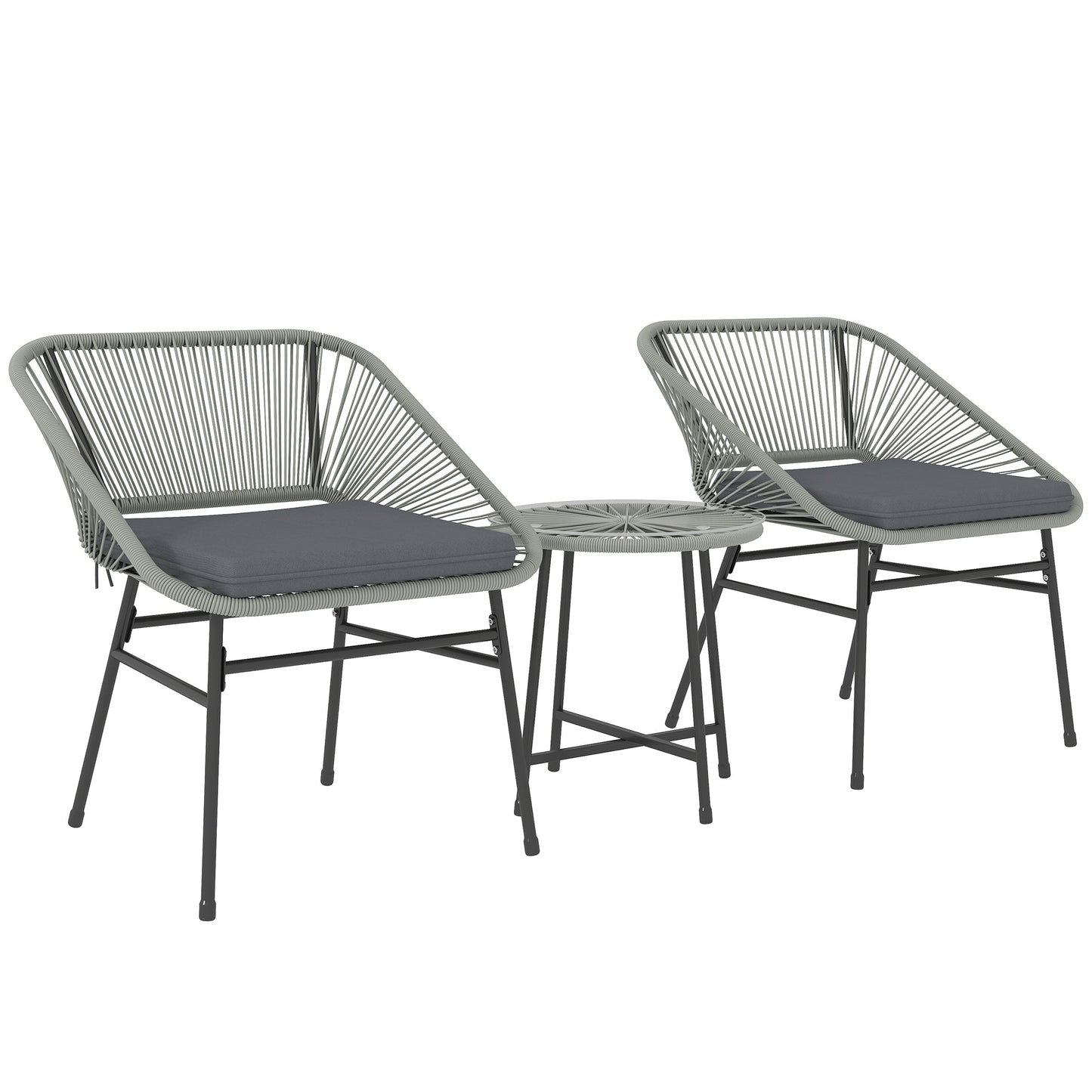 3 Pieces Rattan Bistro Set, Wicker Small Garden Table and Chairs Set with Cushions and Glass Top Coffee Table, Bistro Garden Furniture Set for Outdoor, Patio, Balcony, Light Grey