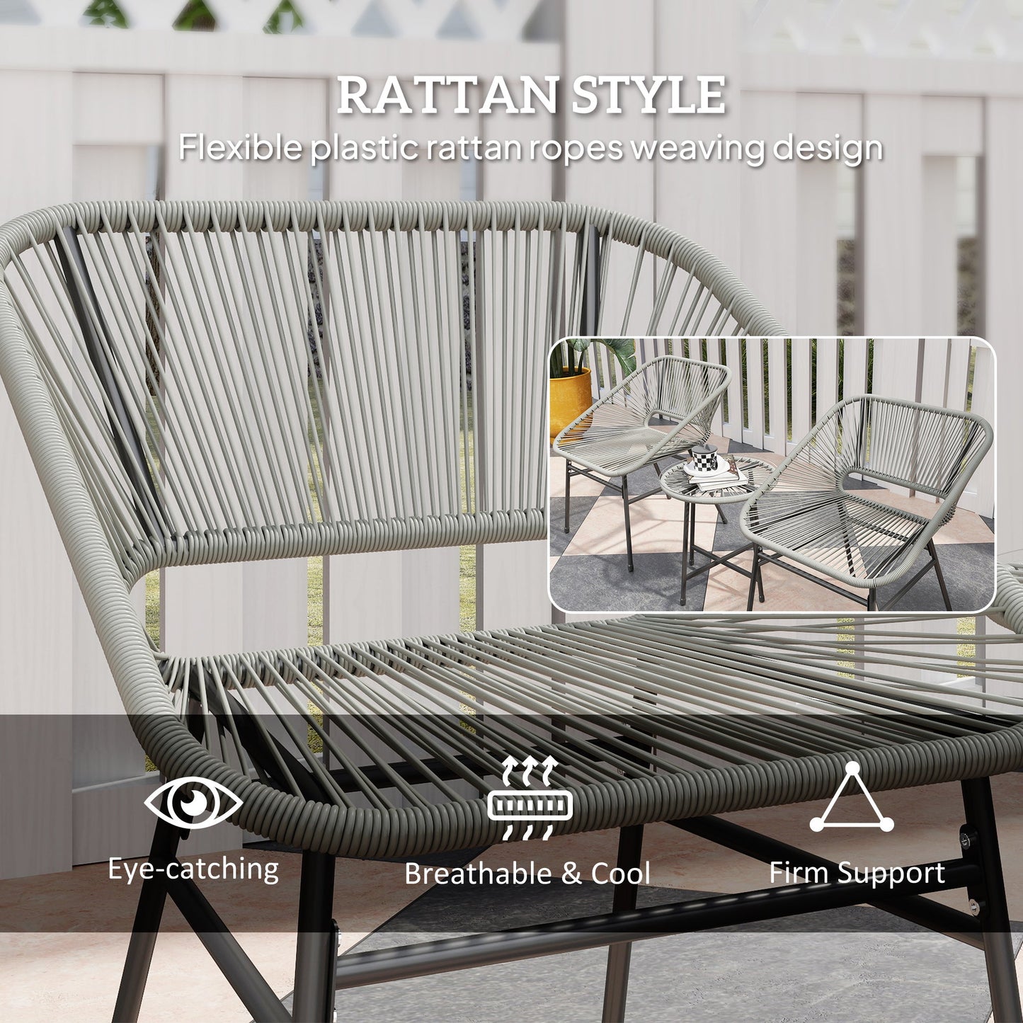 3 Pieces Rattan Bistro Set, Wicker Small Garden Table and Chairs Set with Cushions and Glass Top Coffee Table, Bistro Garden Furniture Set for Outdoor, Patio, Balcony, Light Grey