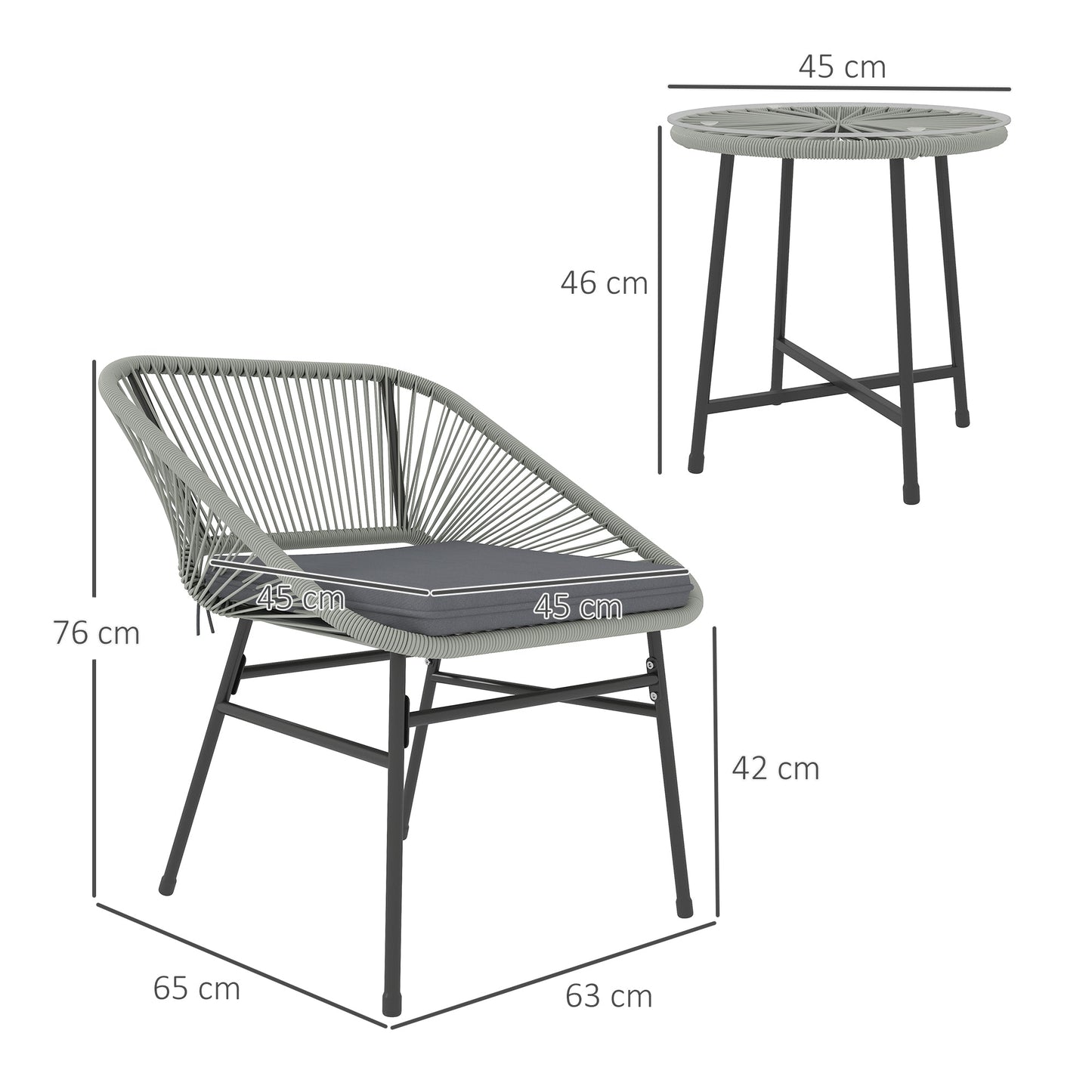 3 Pieces Rattan Bistro Set, Wicker Small Garden Table and Chairs Set with Cushions and Glass Top Coffee Table, Bistro Garden Furniture Set for Outdoor, Patio, Balcony, Light Grey
