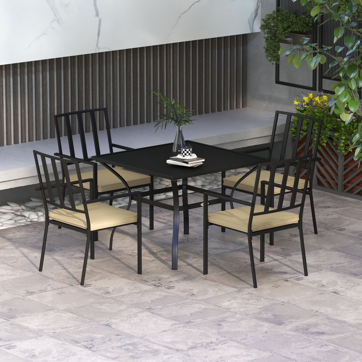 5 Pieces Garden Dining Set with Cushions, Outdoor Patio Table and 4 Stackable Chairs, Metal Top Table with Umbrella Hole, Black