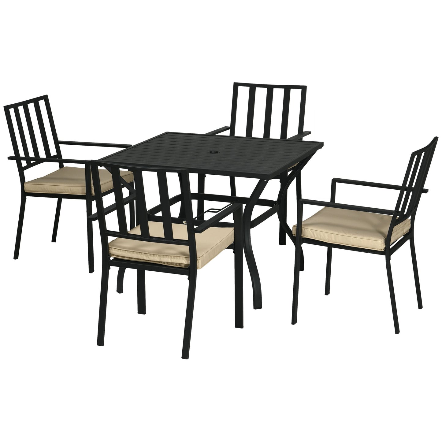 5 Pieces Garden Dining Set with Cushions, Outdoor Patio Table and 4 Stackable Chairs, Metal Top Table with Umbrella Hole, Black