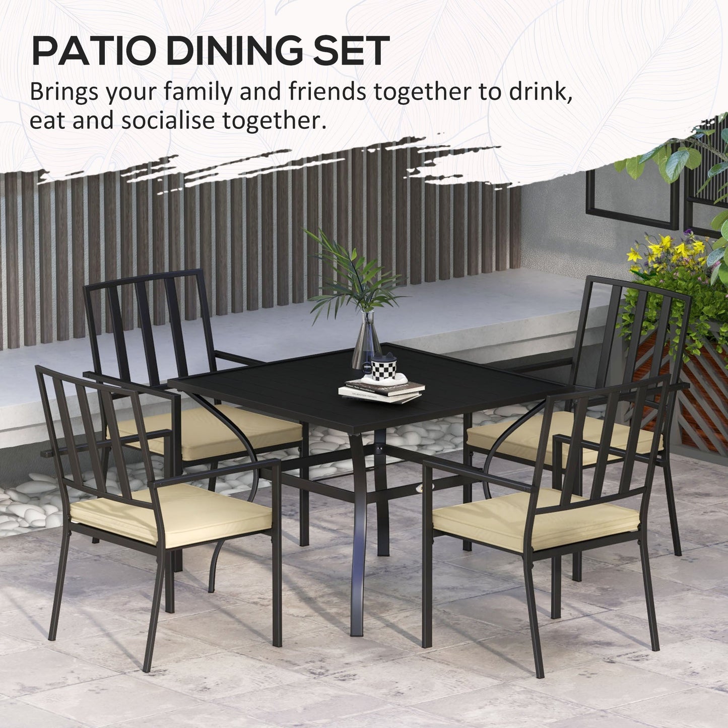 5 Pieces Garden Dining Set with Cushions, Outdoor Patio Table and 4 Stackable Chairs, Metal Top Table with Umbrella Hole, Black