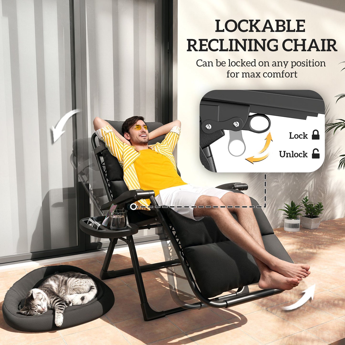 Zero Gravity Chairs Set of 2, Folding Reclining Garden Chair, Outdoor Sun Lounger with Cushion, Garden Recliner Chairs with Headrest and Cup Phone Holder Tray for Beach, Black