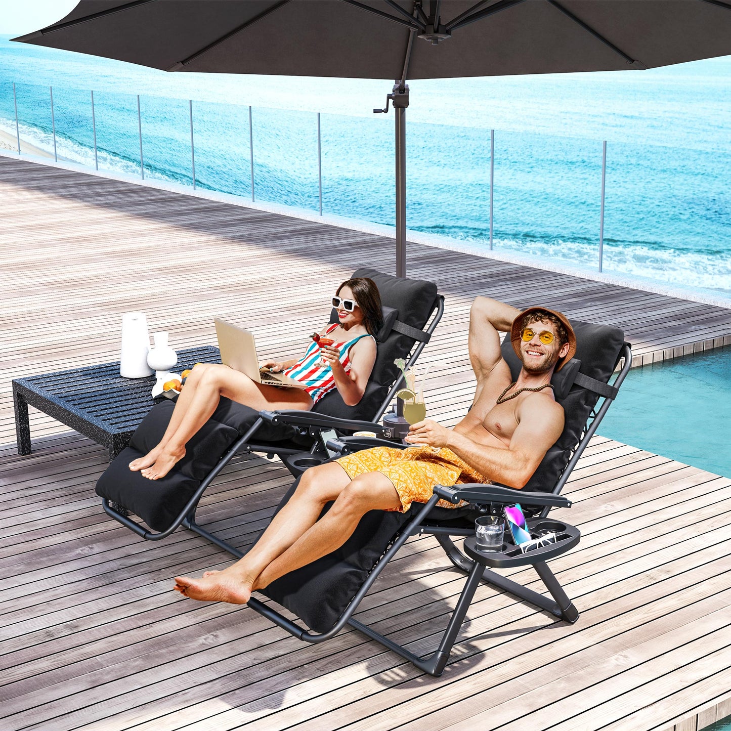 Zero Gravity Chairs Set of 2, Folding Reclining Garden Chair, Outdoor Sun Lounger with Cushion, Garden Recliner Chairs with Headrest and Cup Phone Holder Tray for Beach, Black