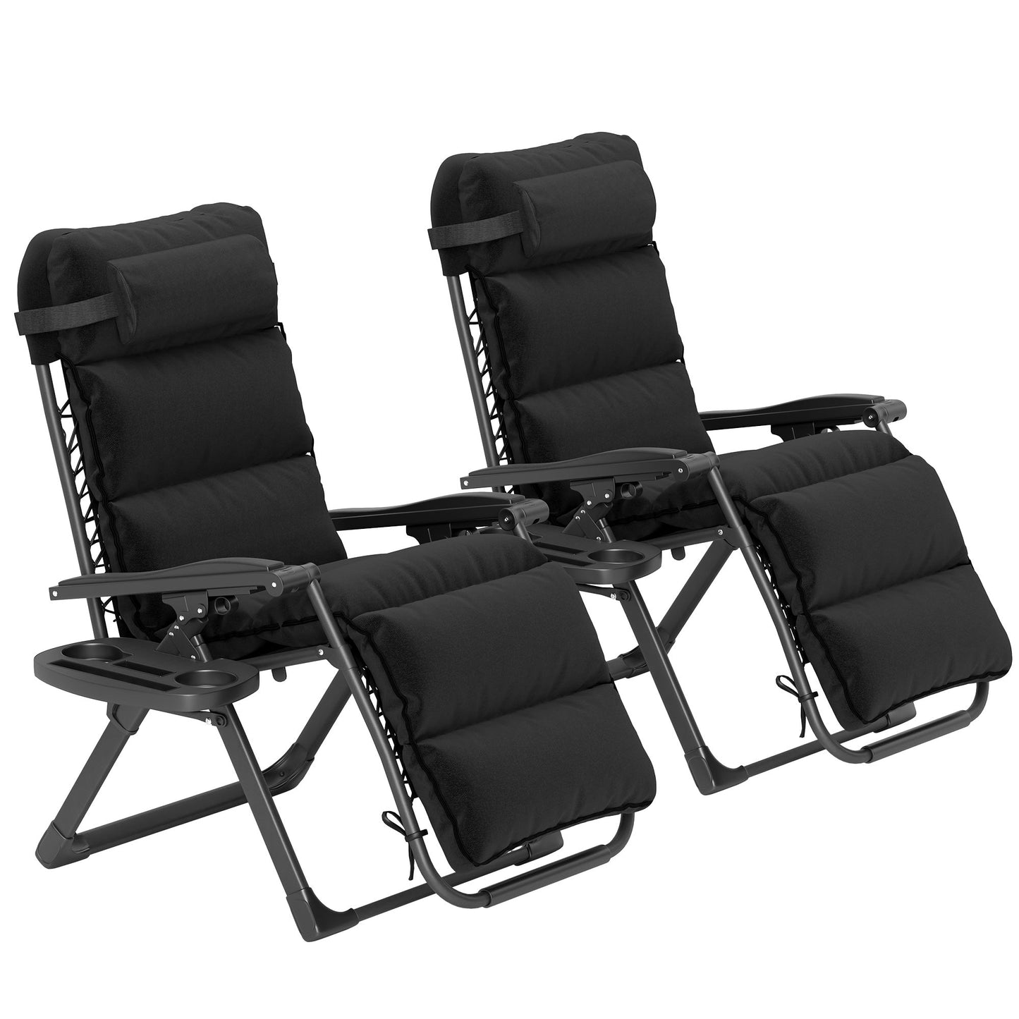 Zero Gravity Chairs Set of 2, Folding Reclining Garden Chair, Outdoor Sun Lounger with Cushion, Garden Recliner Chairs with Headrest and Cup Phone Holder Tray for Beach, Black