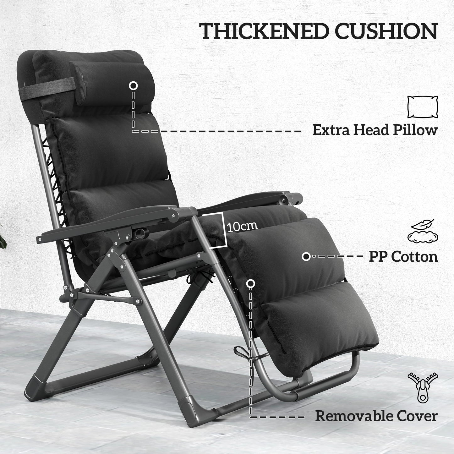 Zero Gravity Chairs Set of 2, Folding Reclining Garden Chair, Outdoor Sun Lounger with Cushion, Garden Recliner Chairs with Headrest and Cup Phone Holder Tray for Beach, Black