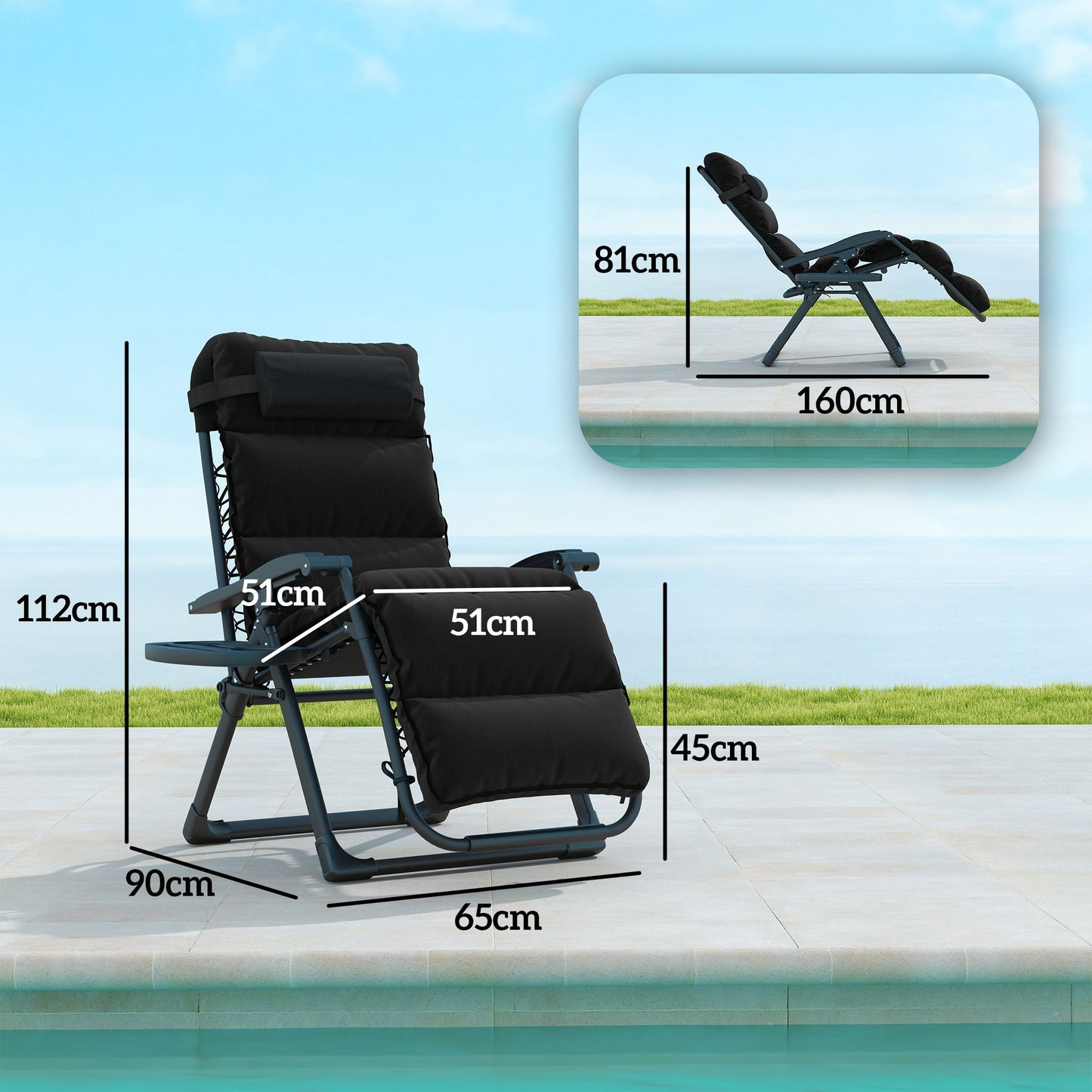 Zero Gravity Chairs Set of 2, Folding Reclining Garden Chair, Outdoor Sun Lounger with Cushion, Garden Recliner Chairs with Headrest and Cup Phone Holder Tray for Beach, Black