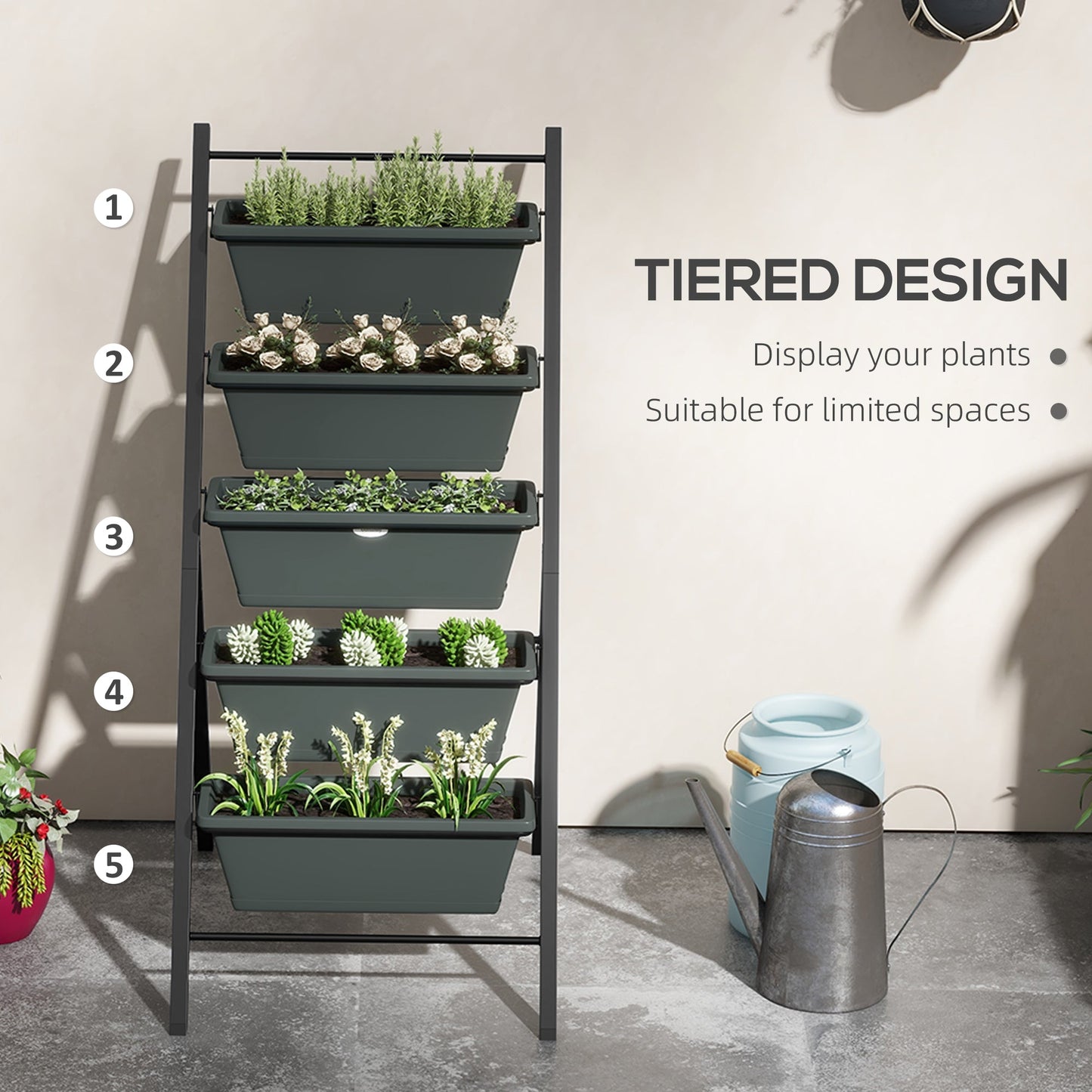 Vertical Raised Garden Bed with 5 Removable Tray, Indoor Outdoor Elevated Plant Stand Grow Container for Vegetable Flowers Herbs, Charcoal Grey
