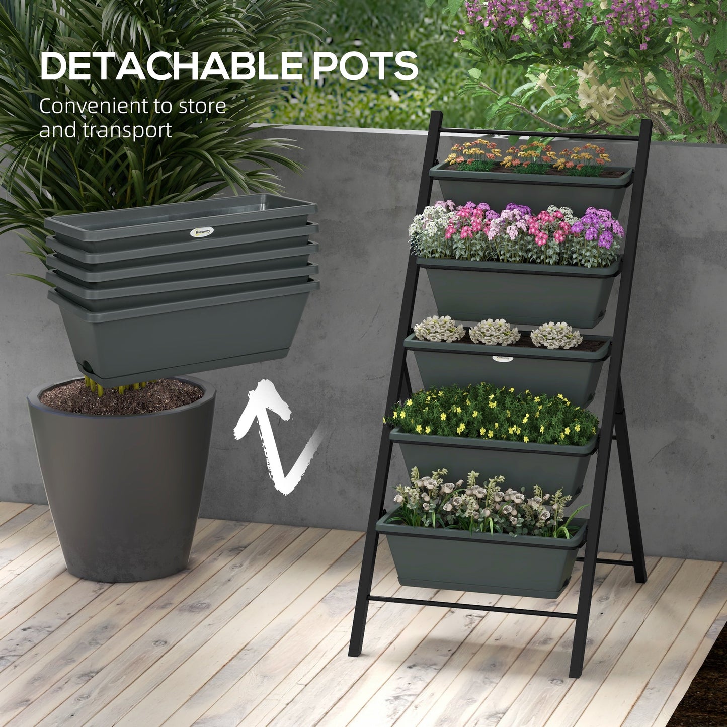 Vertical Raised Garden Bed with 5 Removable Tray, Indoor Outdoor Elevated Plant Stand Grow Container for Vegetable Flowers Herbs, Charcoal Grey