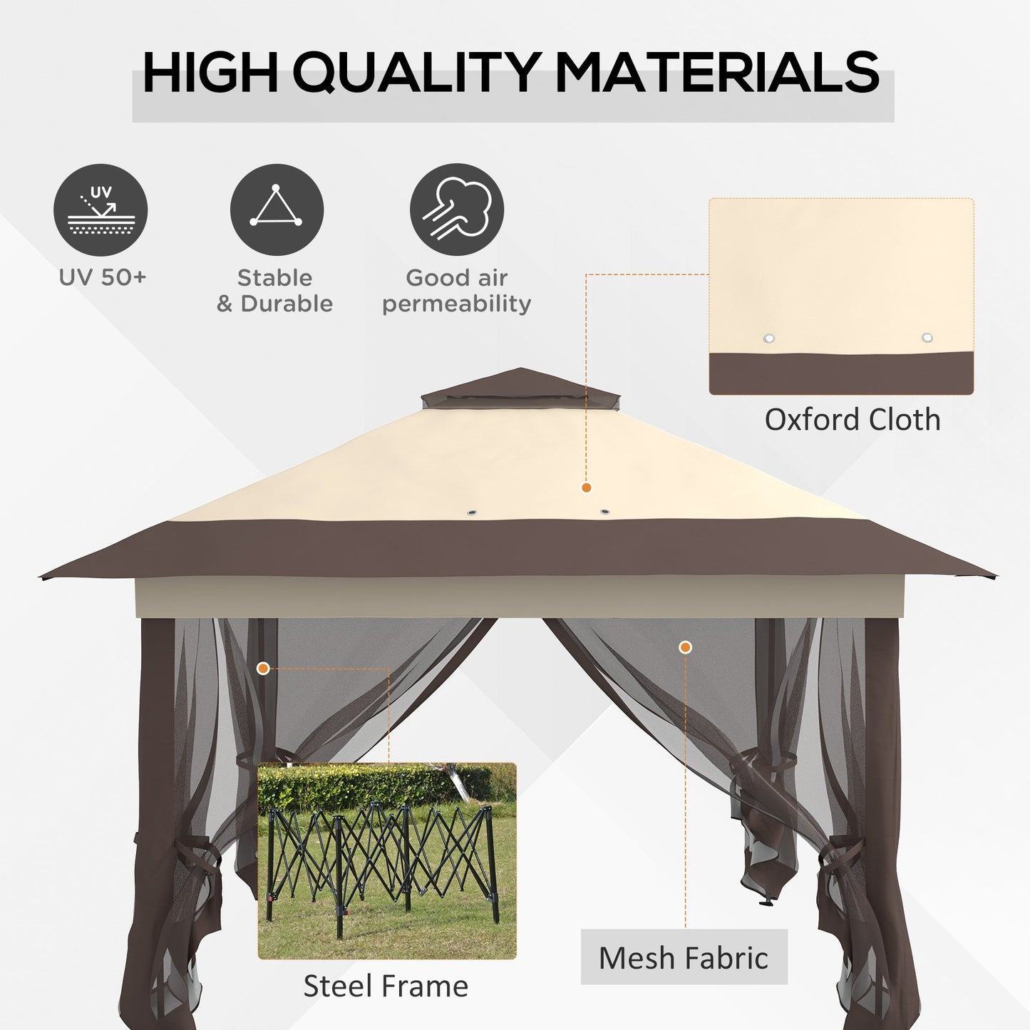 3.6 x 3.6 m Pop up Gazebo with Netting and Wheeled Carry Bag, UPF50+ Height Adjustable Party Tent Instant Canopy Sun Shade Shelter, Khaki