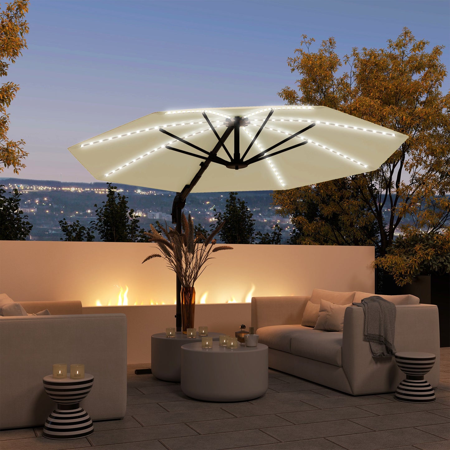 3(m) Cantilever Garden Parasol with Solar Powered Lights, Crank Handle & Cross Base, UPF 50+, 360° Rotation, Overhanging Patio Umbrella for Patio Market, Cream