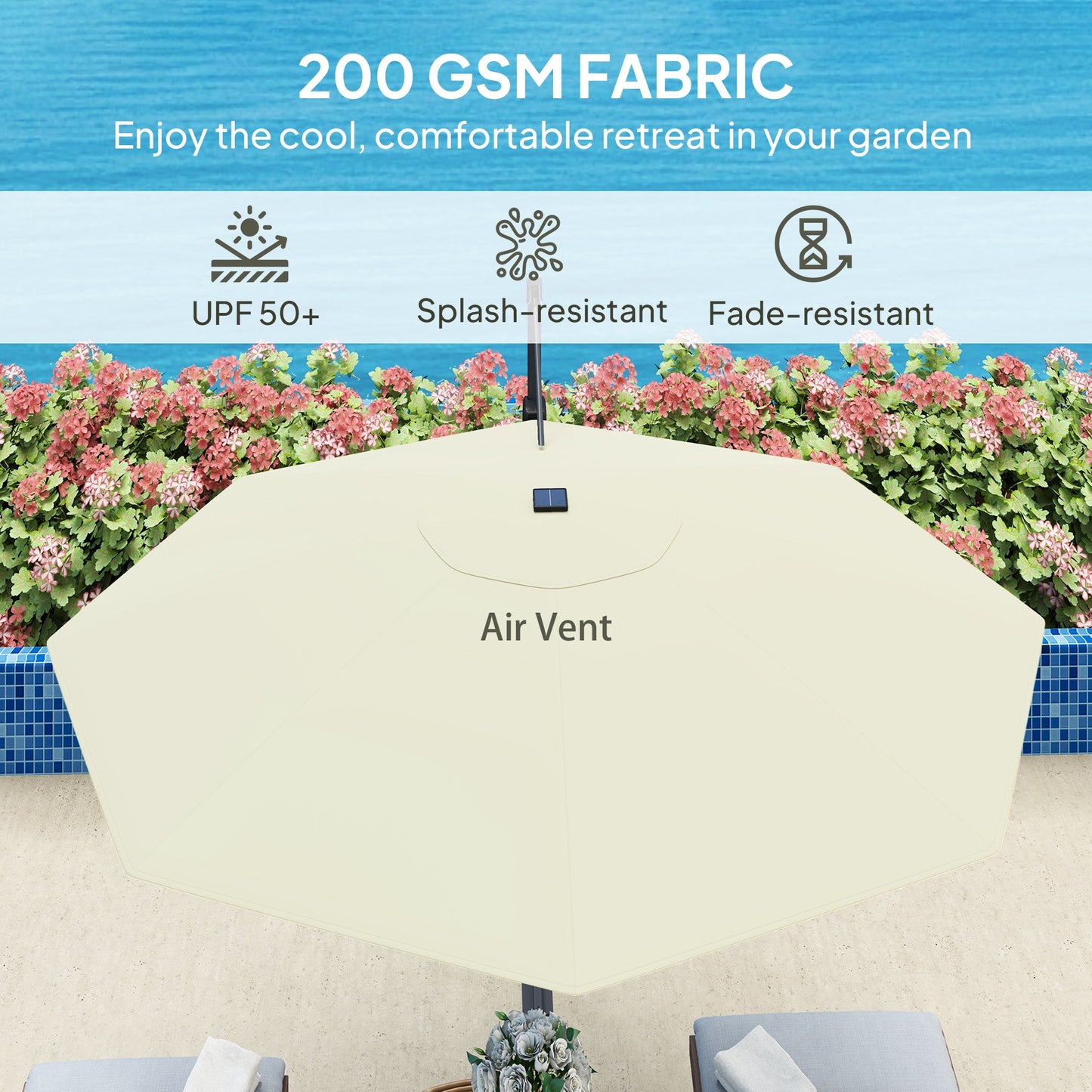 3(m) Cantilever Garden Parasol with Solar Powered Lights, Crank Handle & Cross Base, UPF 50+, 360° Rotation, Overhanging Patio Umbrella for Patio Market, Cream