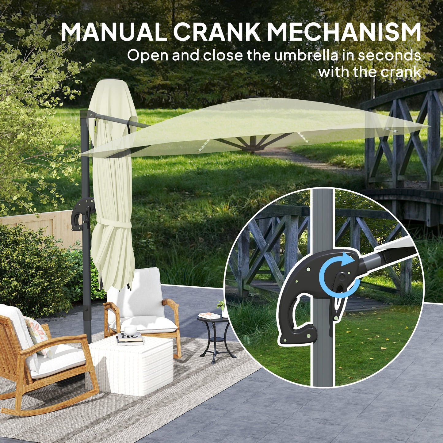 3(m) Cantilever Garden Parasol with Solar Powered Lights, Crank Handle & Cross Base, UPF 50+, 360° Rotation, Overhanging Patio Umbrella for Patio Market, Cream
